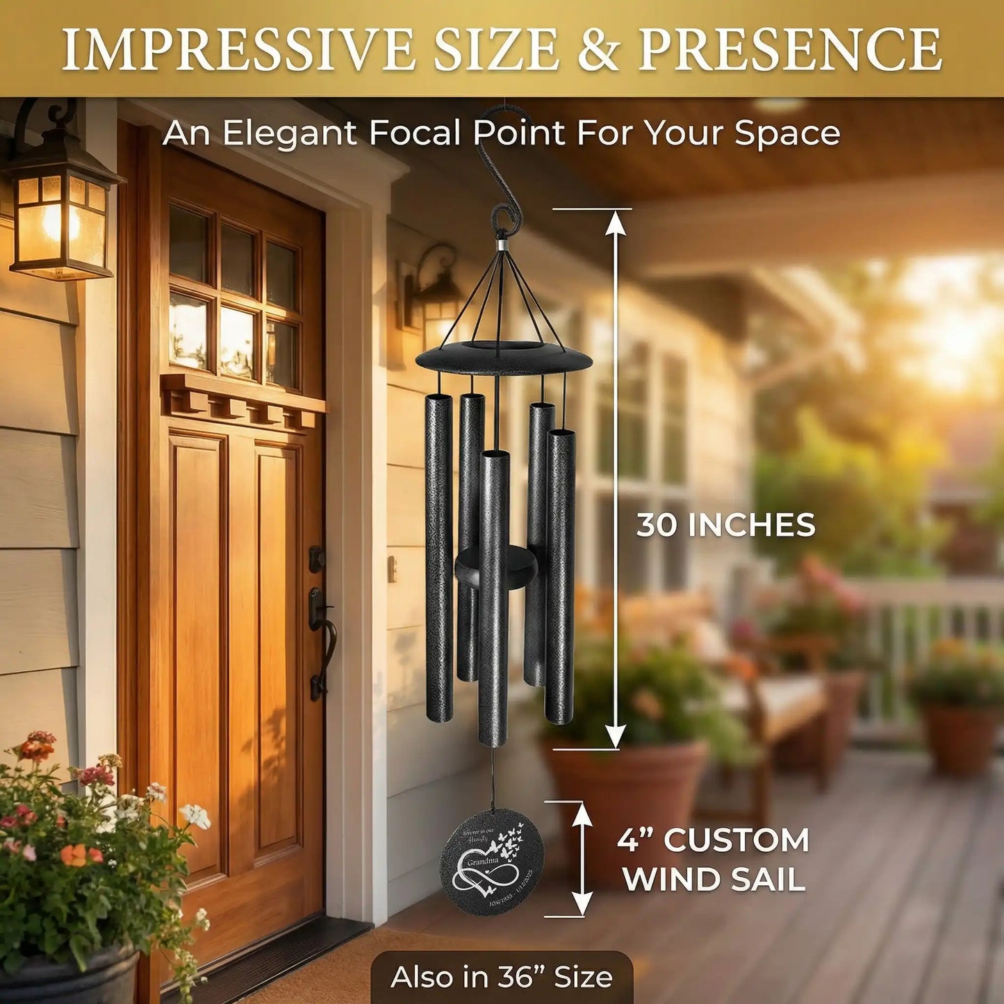 Decorative wind chime on a porch with measurements indicated