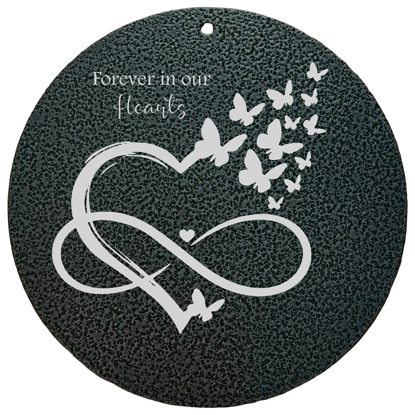Memorial plaque for wind chimes with heart, infinity symbol, and butterflies on a dark background.