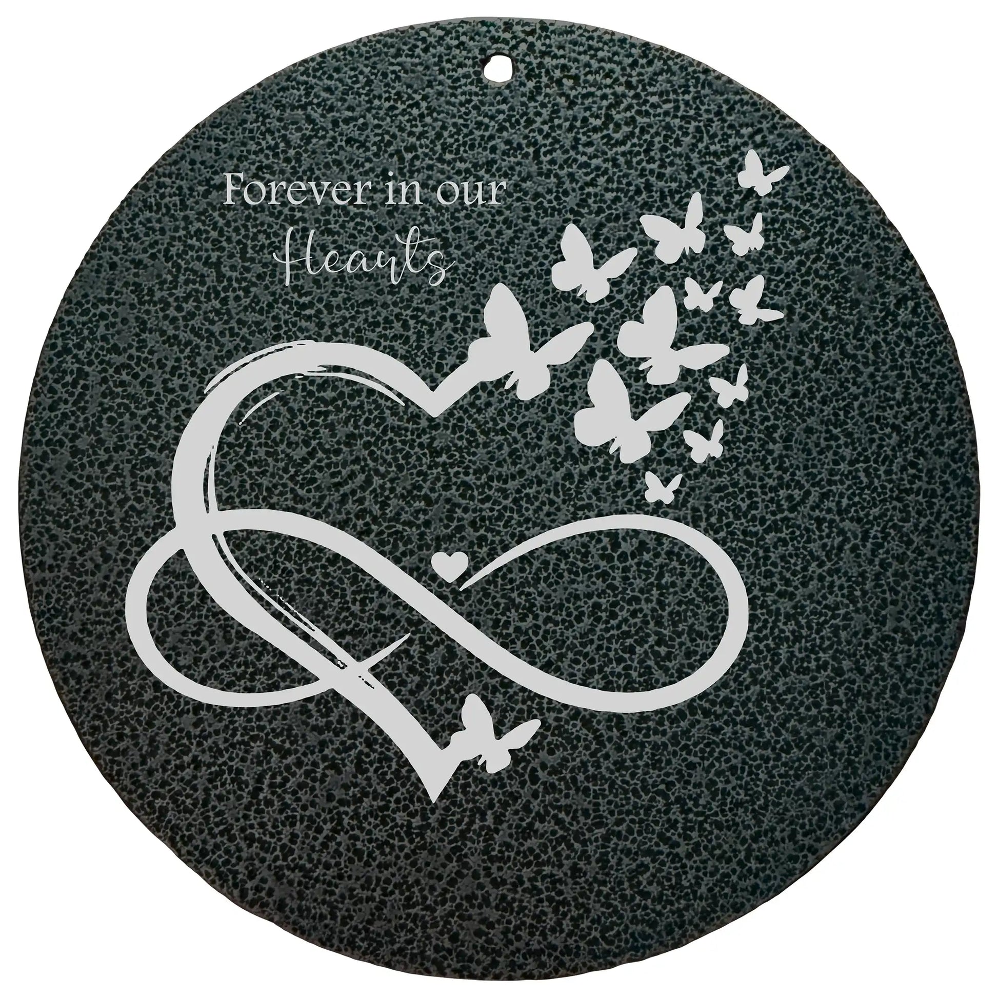 Memorial plaque for wind chimes with heart, infinity symbol, and butterflies on a dark background.
