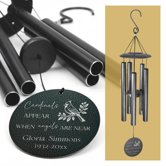 Personalized cardinal memorial wind chime with laser engraved disc showing Cardinals Appear When Angels Are Near, black powder coated aluminum tubes, name and years engraved below