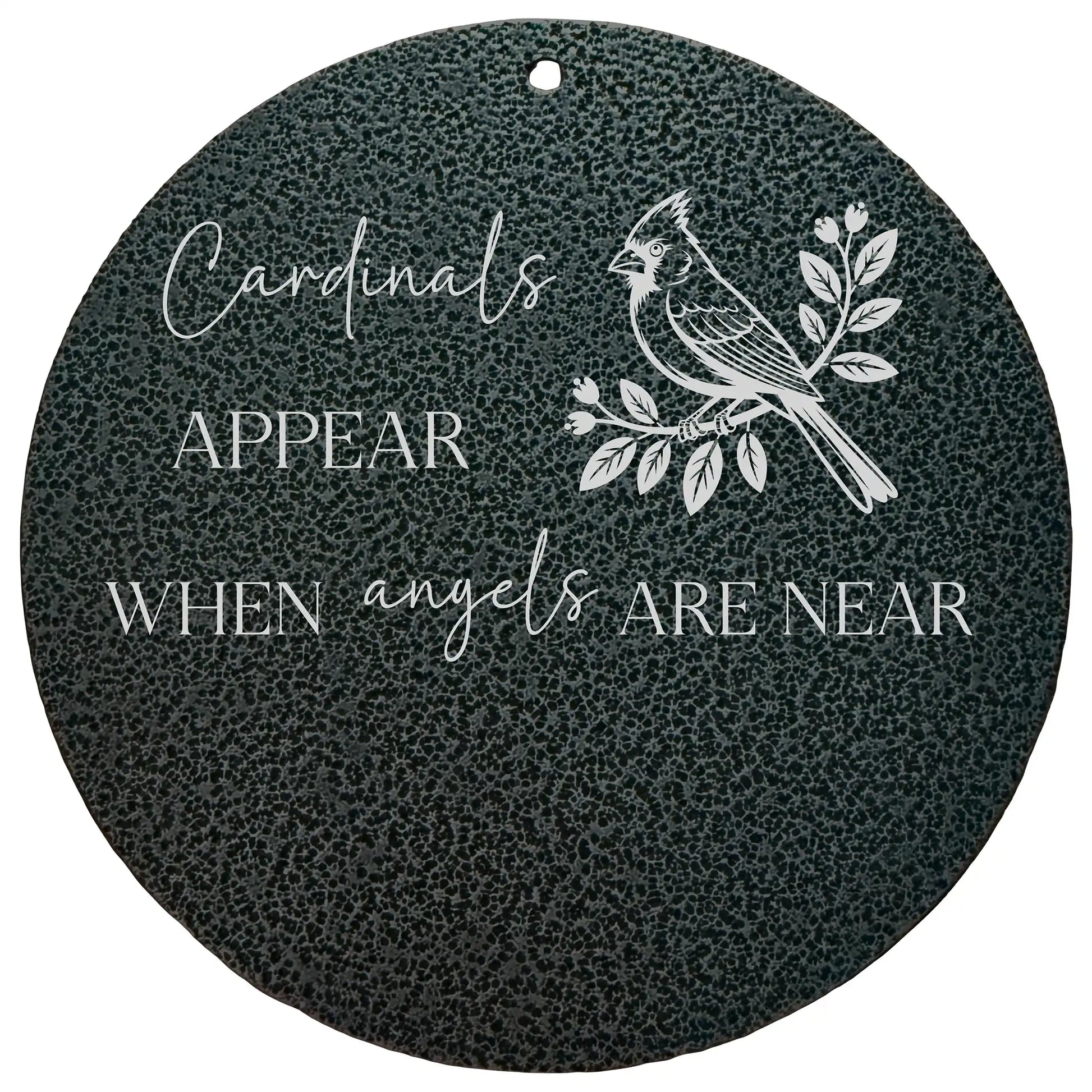 Black aluminum memorial wind chime with laser engraved cardinal and floral branch disc, personalized with name and years