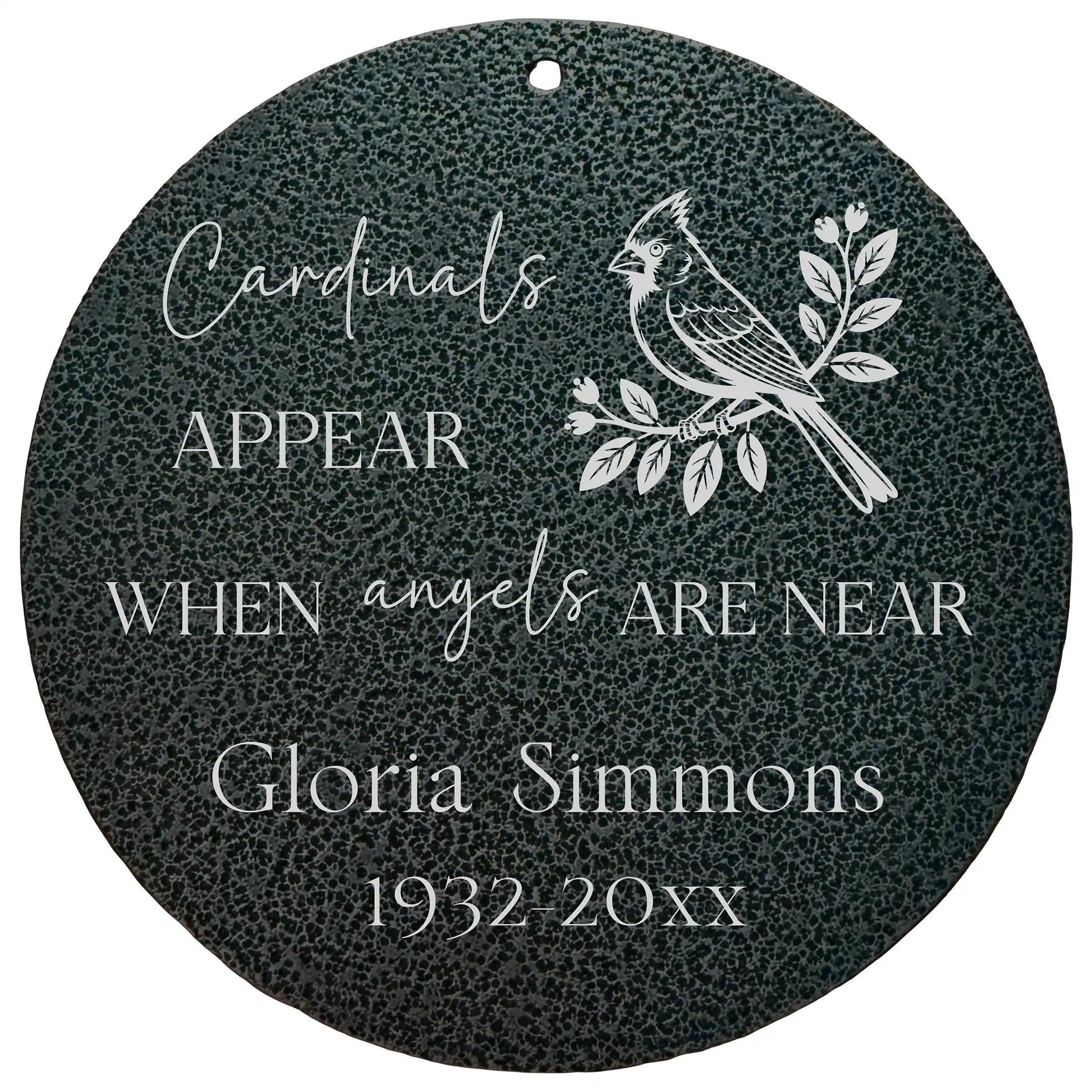 Personalized cardinal memorial wind chime with laser engraved name and years, black powder coated aluminum 30 or 36 inch