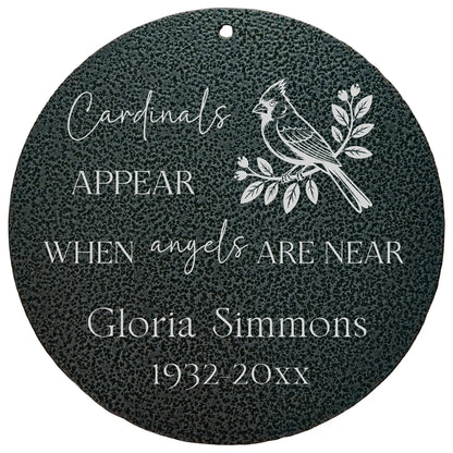 Personalized cardinal memorial wind chime with laser engraved name and years, black powder coated aluminum 30 or 36 inch