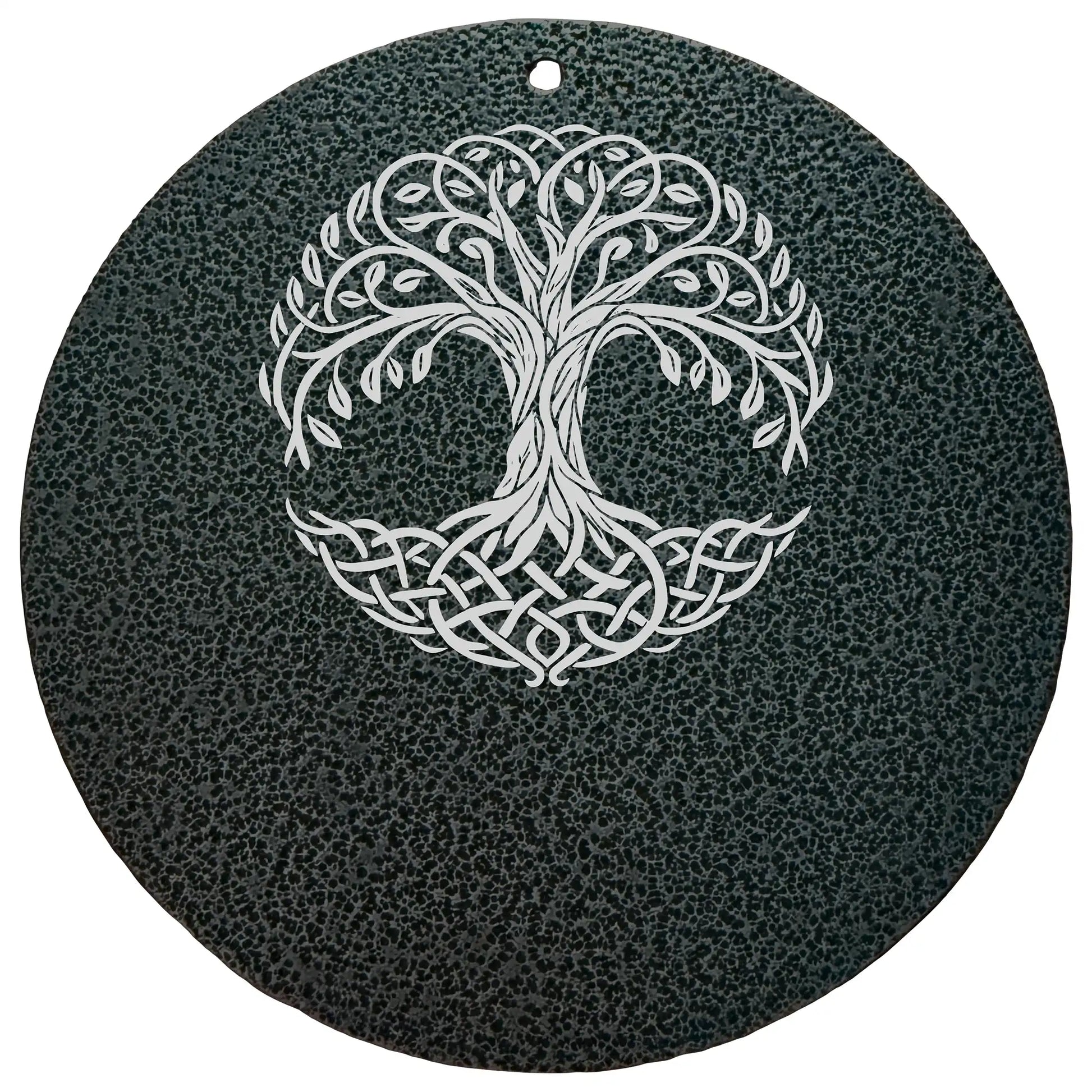 Black aluminum sympathy gift wind chime with laser engraved Celtic tree of life disc and personalized message