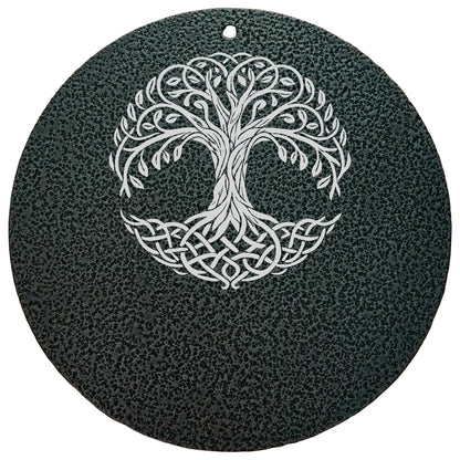 Black aluminum sympathy gift wind chime with laser engraved Celtic tree of life disc and personalized message