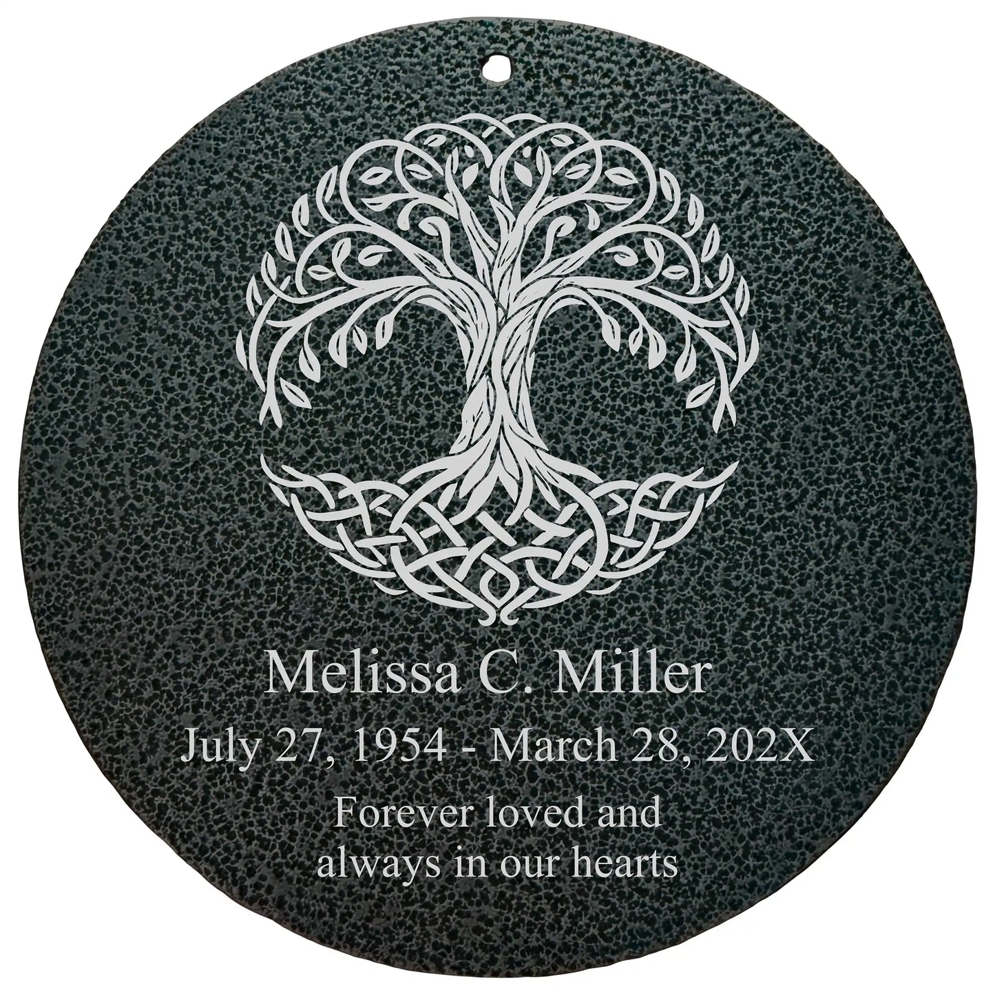 Personalized memorial wind chime with Celtic tree of life disc, laser engraved name and dates, black powder coated aluminum