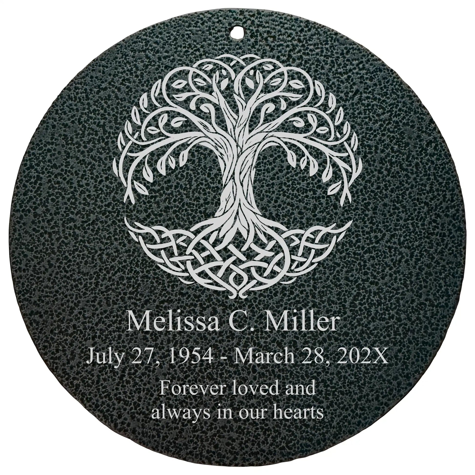 Personalized memorial wind chime with Celtic tree of life disc, laser engraved name and dates, black powder coated aluminum