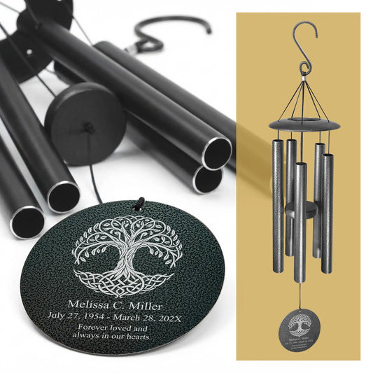 Personalized memorial wind chime with Celtic tree of life disc, laser engraved name and dates, black powder coated aluminum
