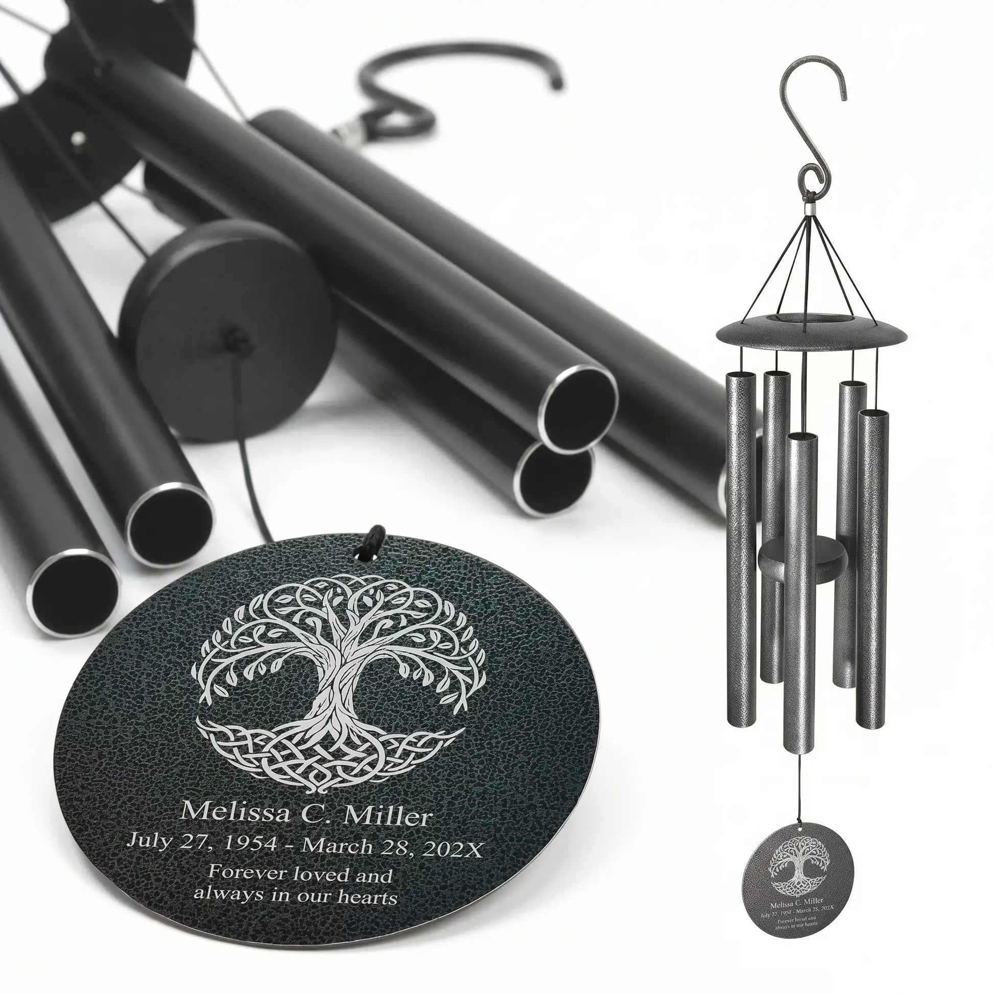 Personalized memorial wind chime with Celtic tree of life disc, laser engraved name and dates, black powder coated aluminum
