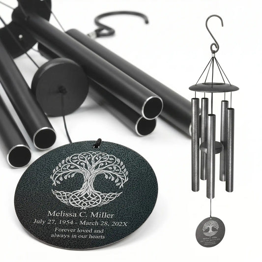 Personalized memorial wind chime with Celtic tree of life disc, laser engraved name and dates, black powder coated aluminum