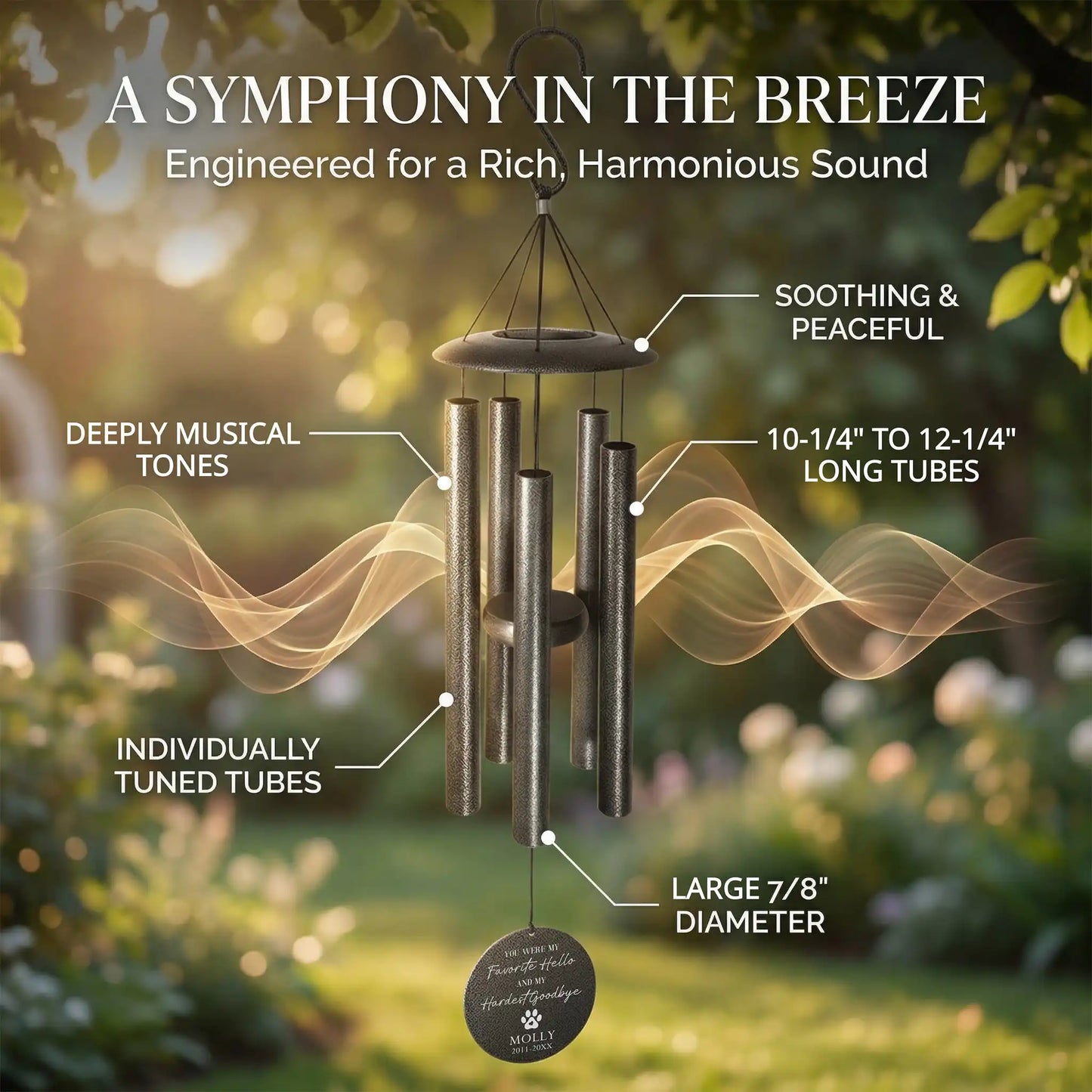 Personalized memorial wind chimes with individually tuned aluminum tubes, 10 to 12 inch tube length and 7/8 inch diameter for deep harmonious tones