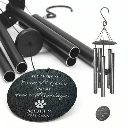 Personalized pet memorial wind chimes with engraved round wind sail reading You Were My Favorite Hello And My Hardest Goodbye with custom pet name and dates