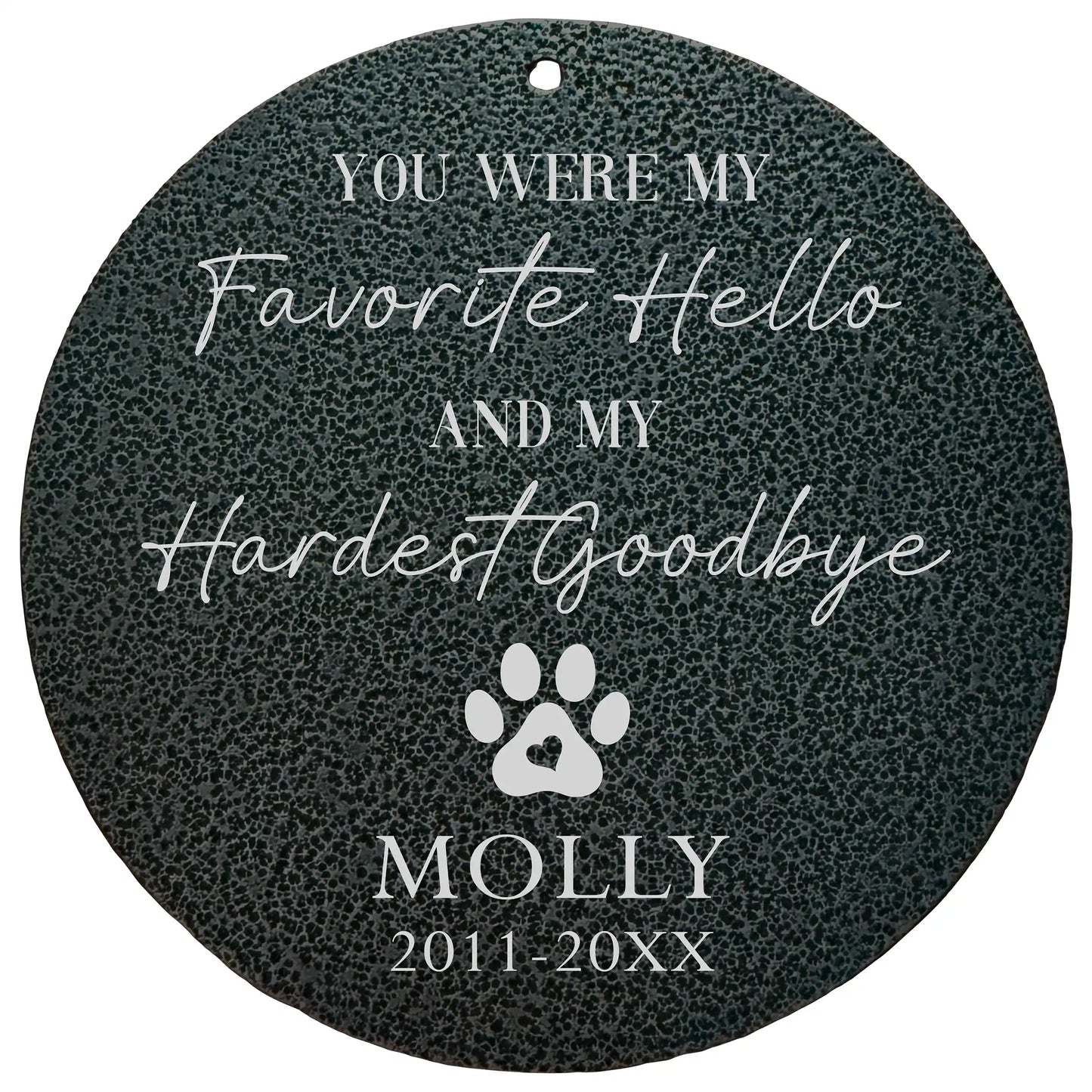 Personalized dog memorial wind chimes with custom engraved wind sail showing pet name and dates, dark powder-coated aluminum tubes with S-hook hanger
