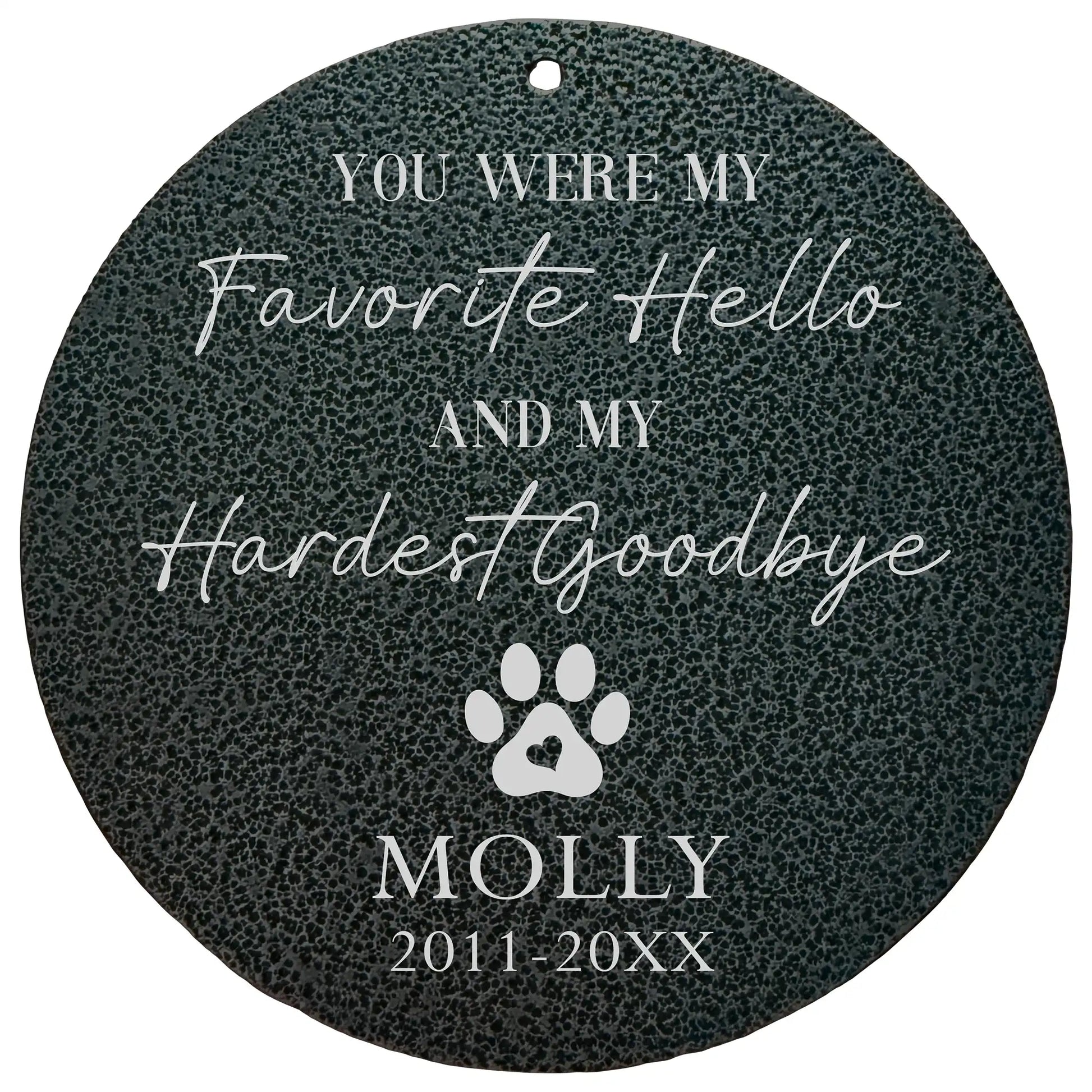 Personalized dog memorial wind chimes with custom engraved wind sail showing pet name and dates, dark powder-coated aluminum tubes with S-hook hanger