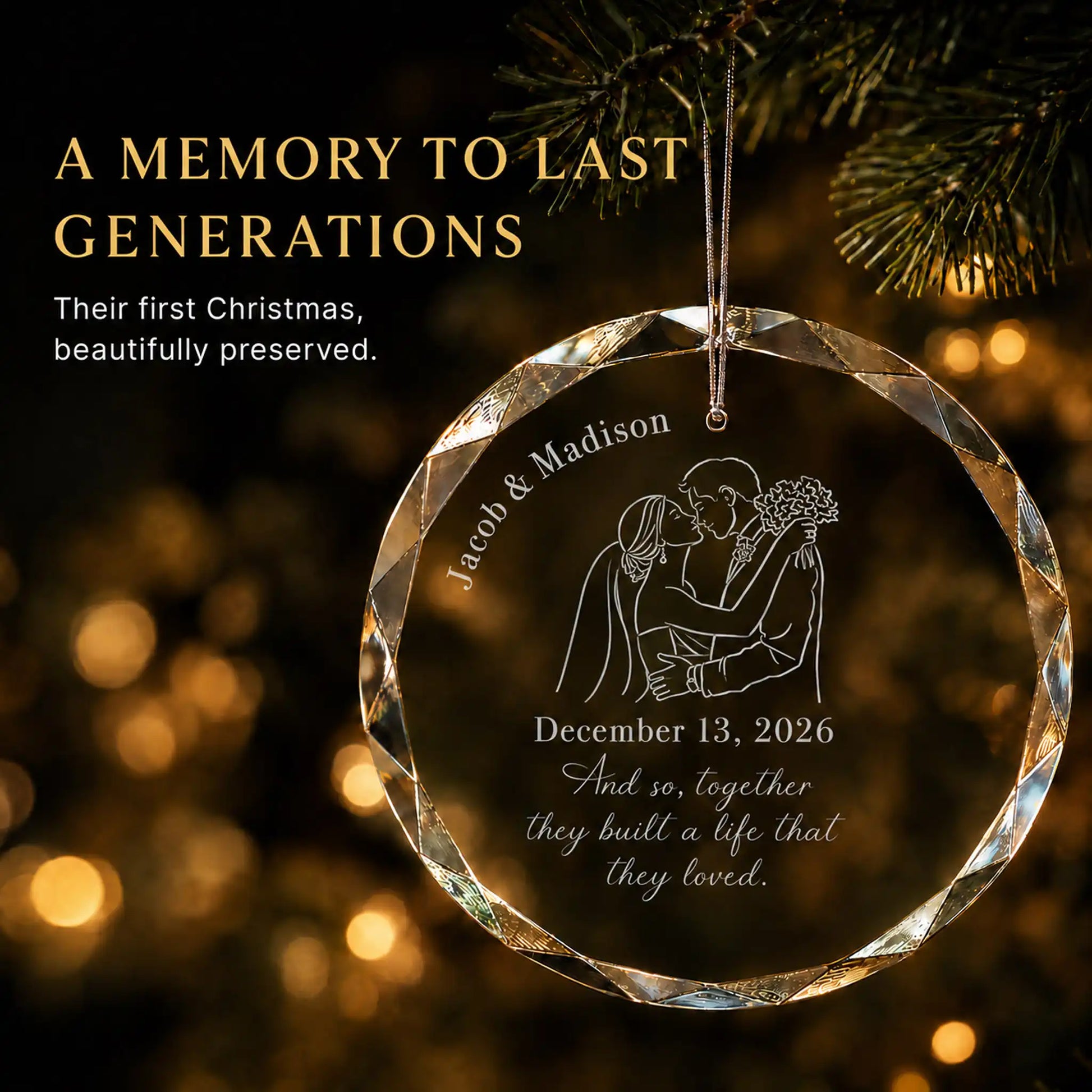 Personalized wedding silhouette Christmas ornament in K9 optical glass hanging on a lit tree, engraved with the couple's names and wedding date