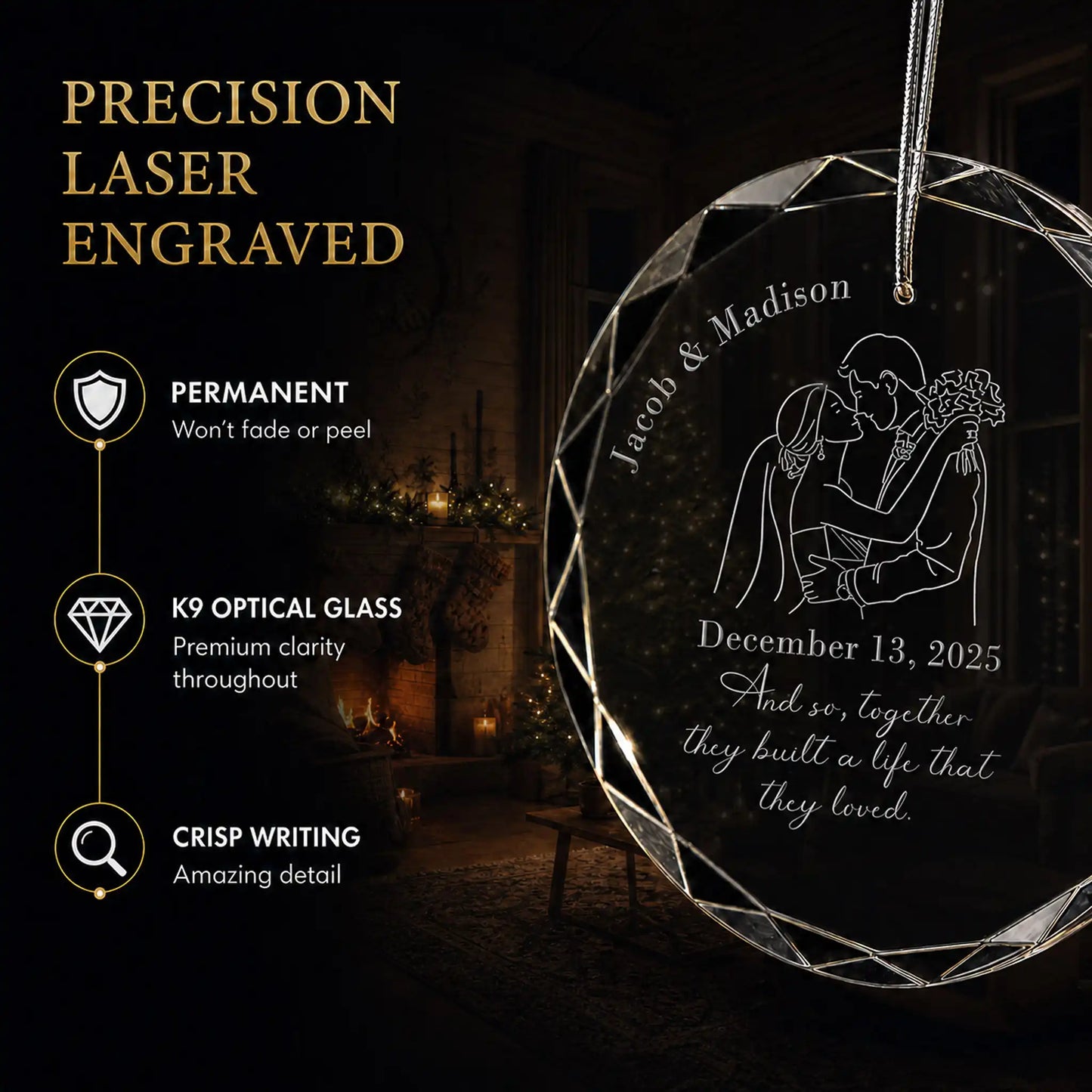 Close up of precision laser engraving on the custom wedding silhouette glass ornament, permanent lettering that will not fade or peel
