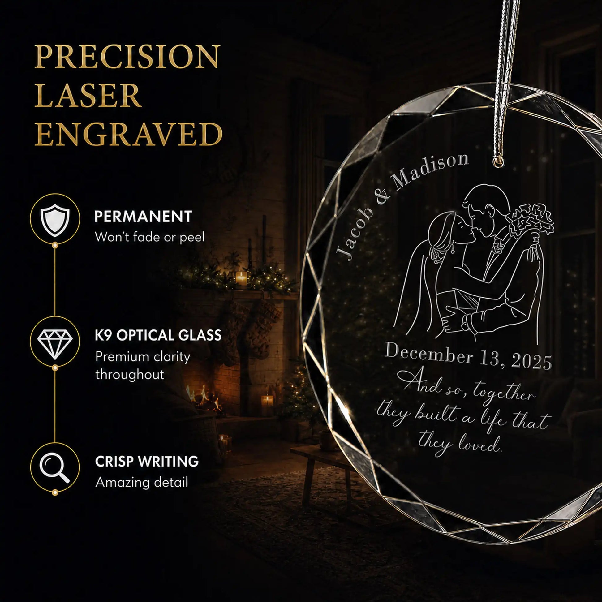 Close up of precision laser engraving on the custom wedding silhouette glass ornament, permanent lettering that will not fade or peel