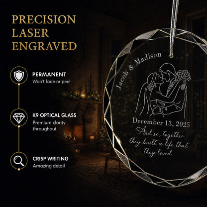Close up of precision laser engraving on the custom wedding silhouette glass ornament, permanent lettering that will not fade or peel