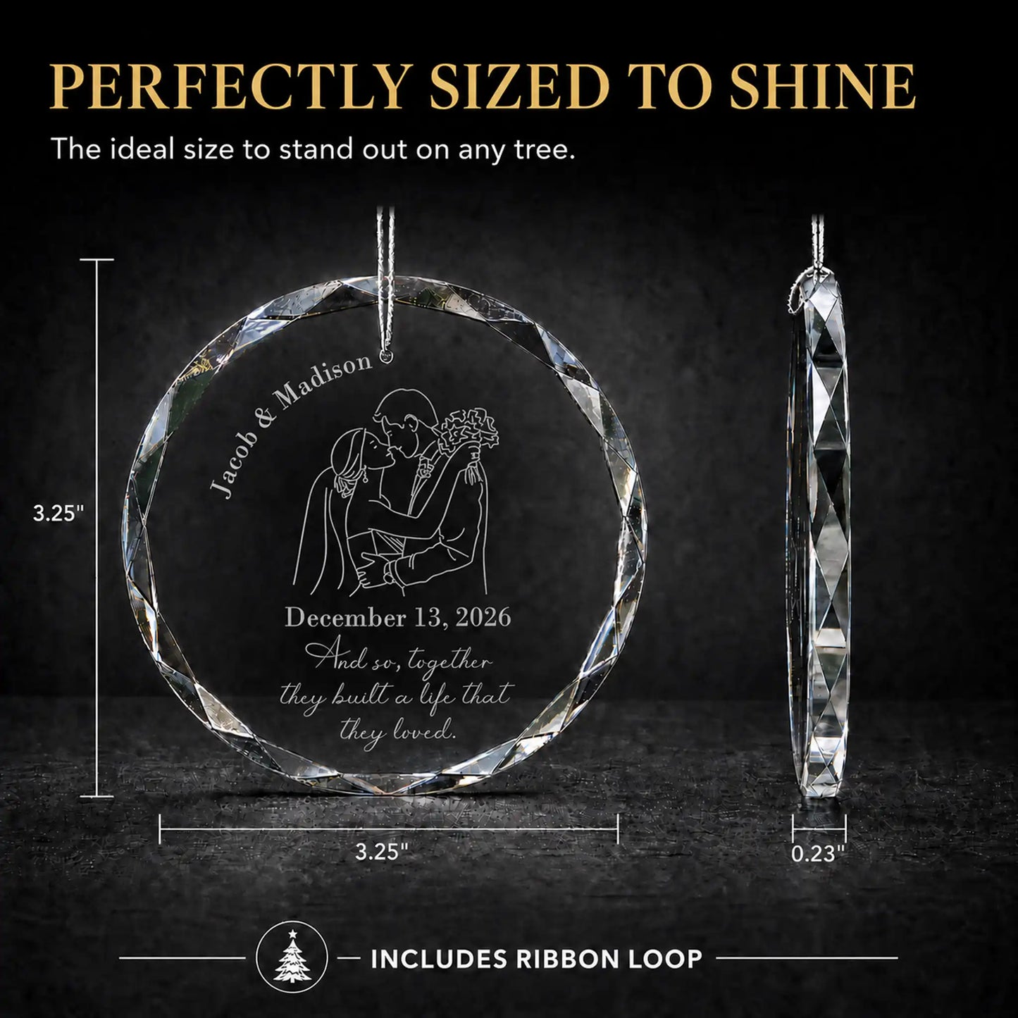 Size guide for the personalized wedding silhouette glass ornament, 3.25 inches tall by 3.25 inches wide and 0.23 inches thick