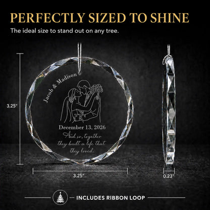 Size guide for the personalized wedding silhouette glass ornament, 3.25 inches tall by 3.25 inches wide and 0.23 inches thick
