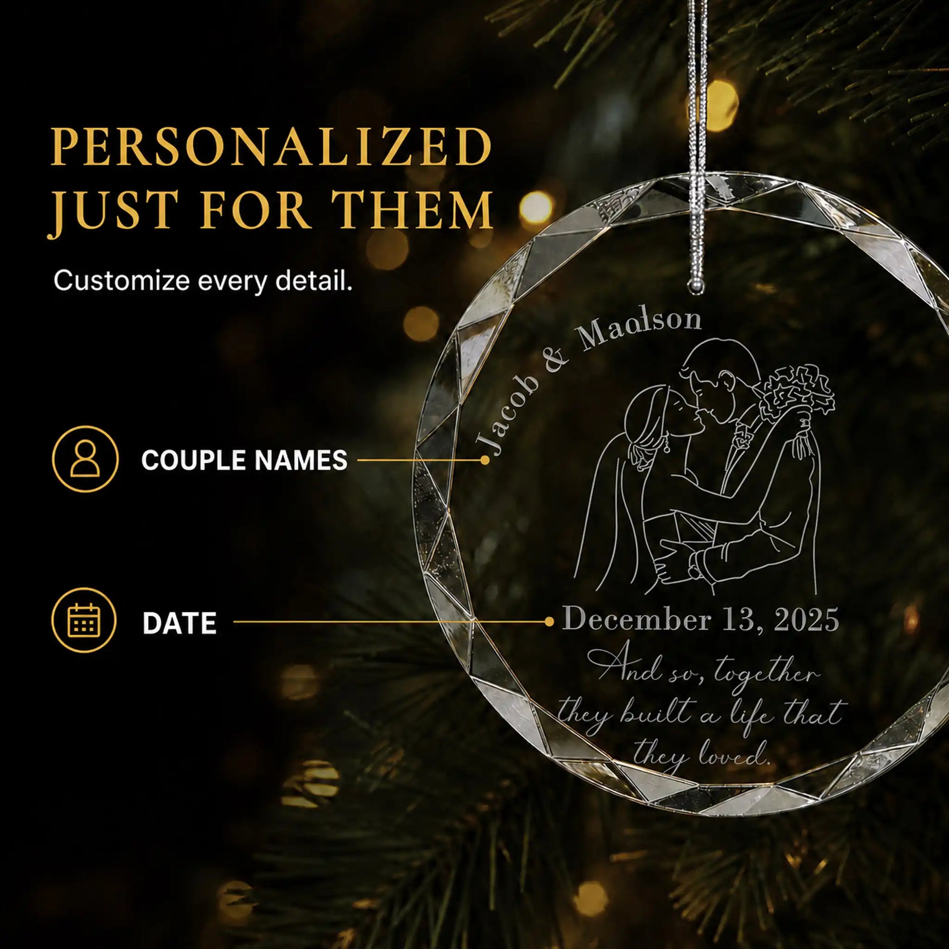 Personalization options on the wedding silhouette glass ornament, custom couple names and wedding date laser engraved around the bride and groom design