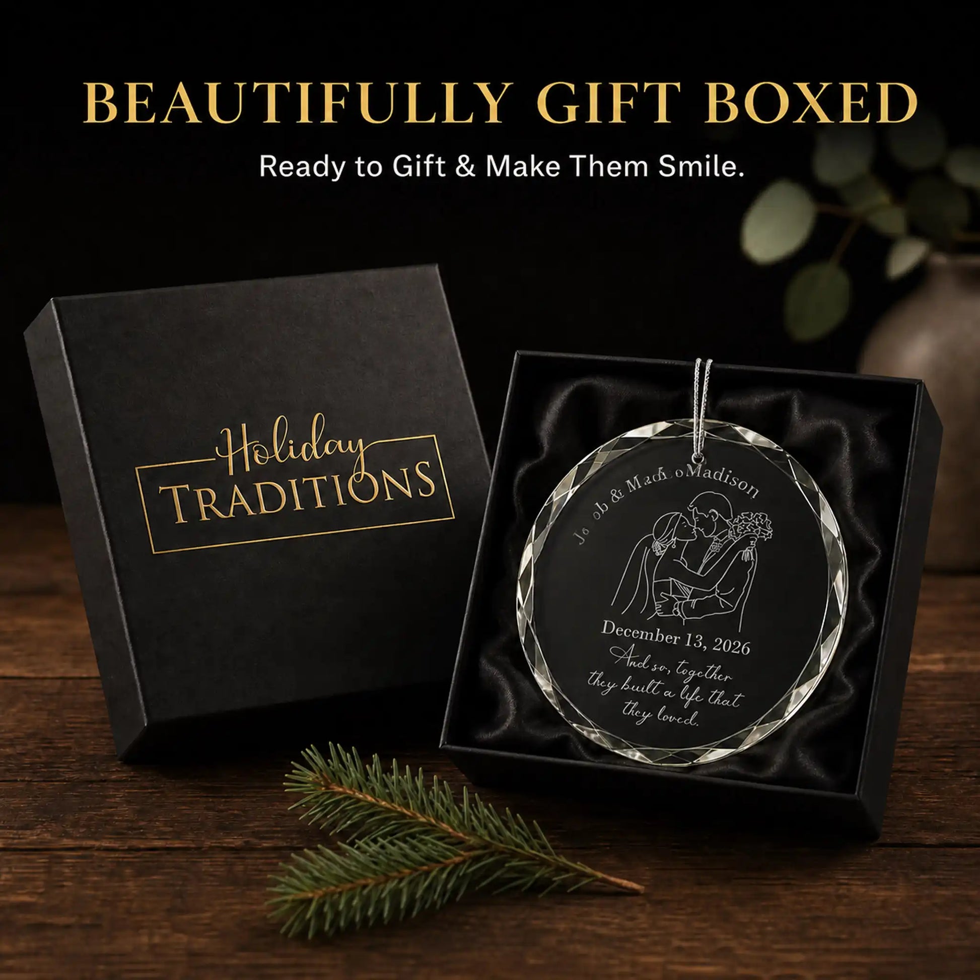 Personalized wedding silhouette glass ornament arrives in a black Holiday Traditions gift box, ready to give