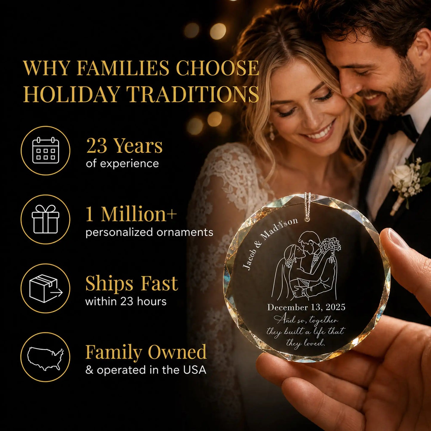 Bride and groom holding their personalized wedding silhouette glass ornament, Holiday Traditions is family owned in the USA and ships within 23 hours