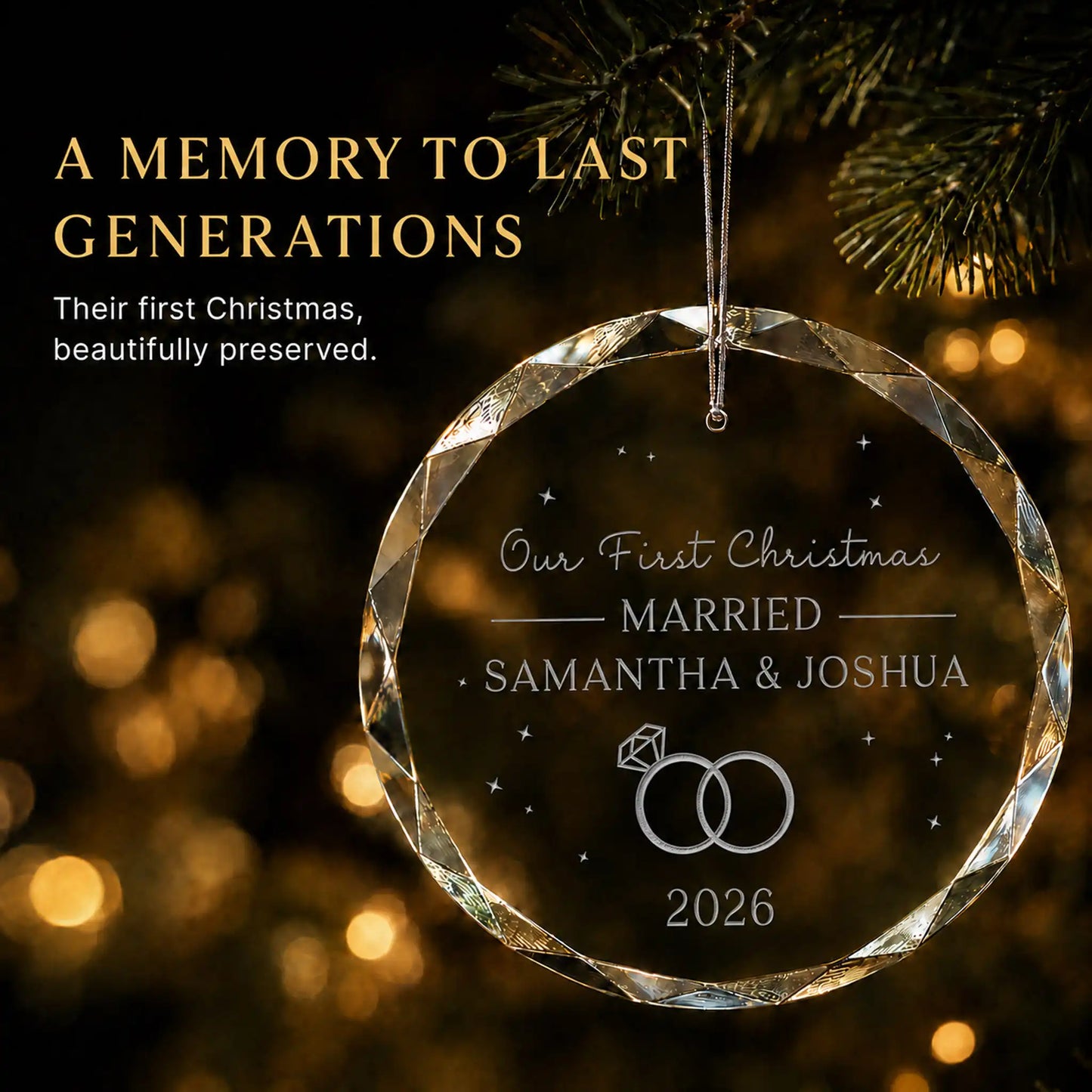 Personalized first Christmas married ornament in K9 optical glass hanging on a lit tree, engraved with interlocking rings, the couple's names and year