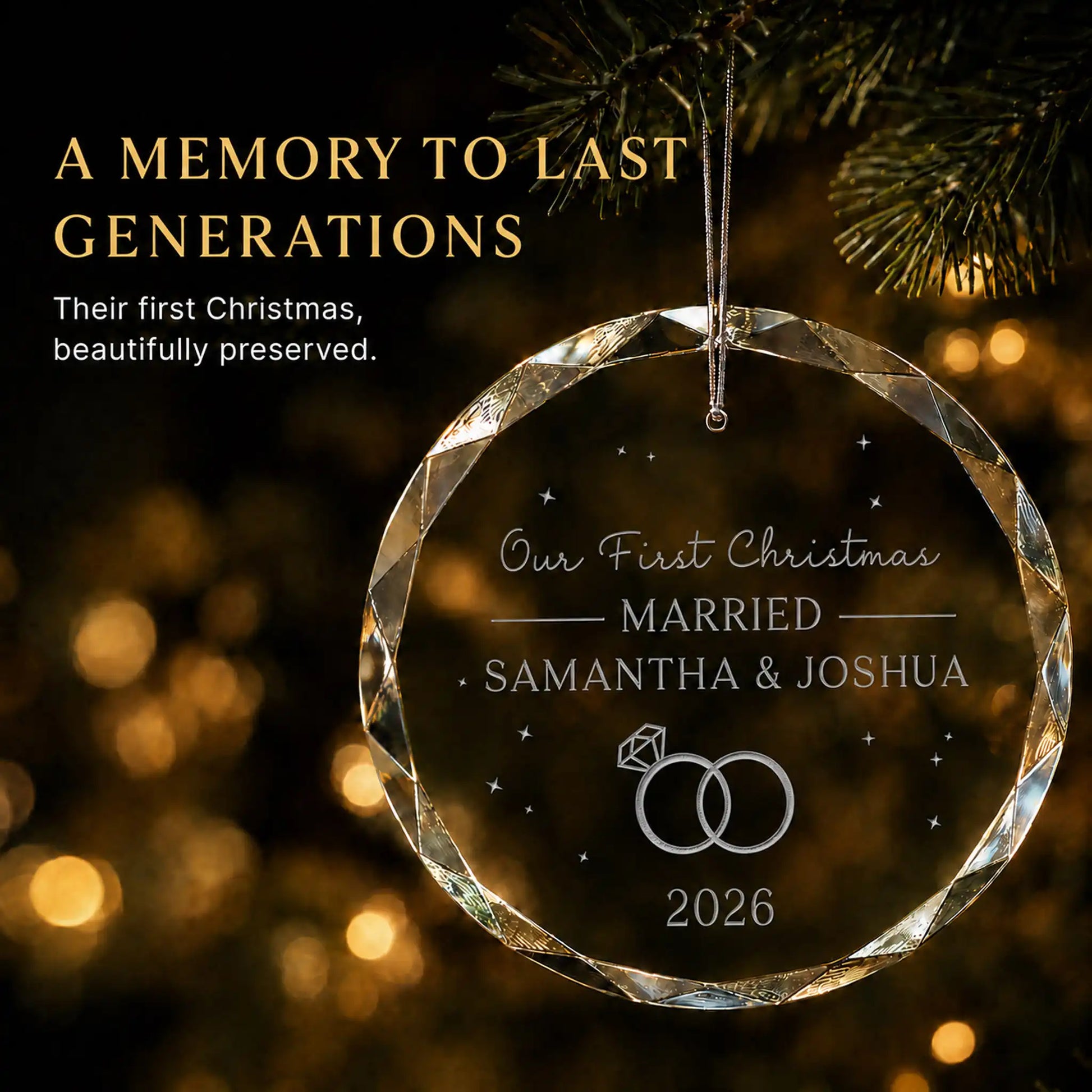 Personalized first Christmas married ornament in K9 optical glass hanging on a lit tree, engraved with interlocking rings, the couple's names and year