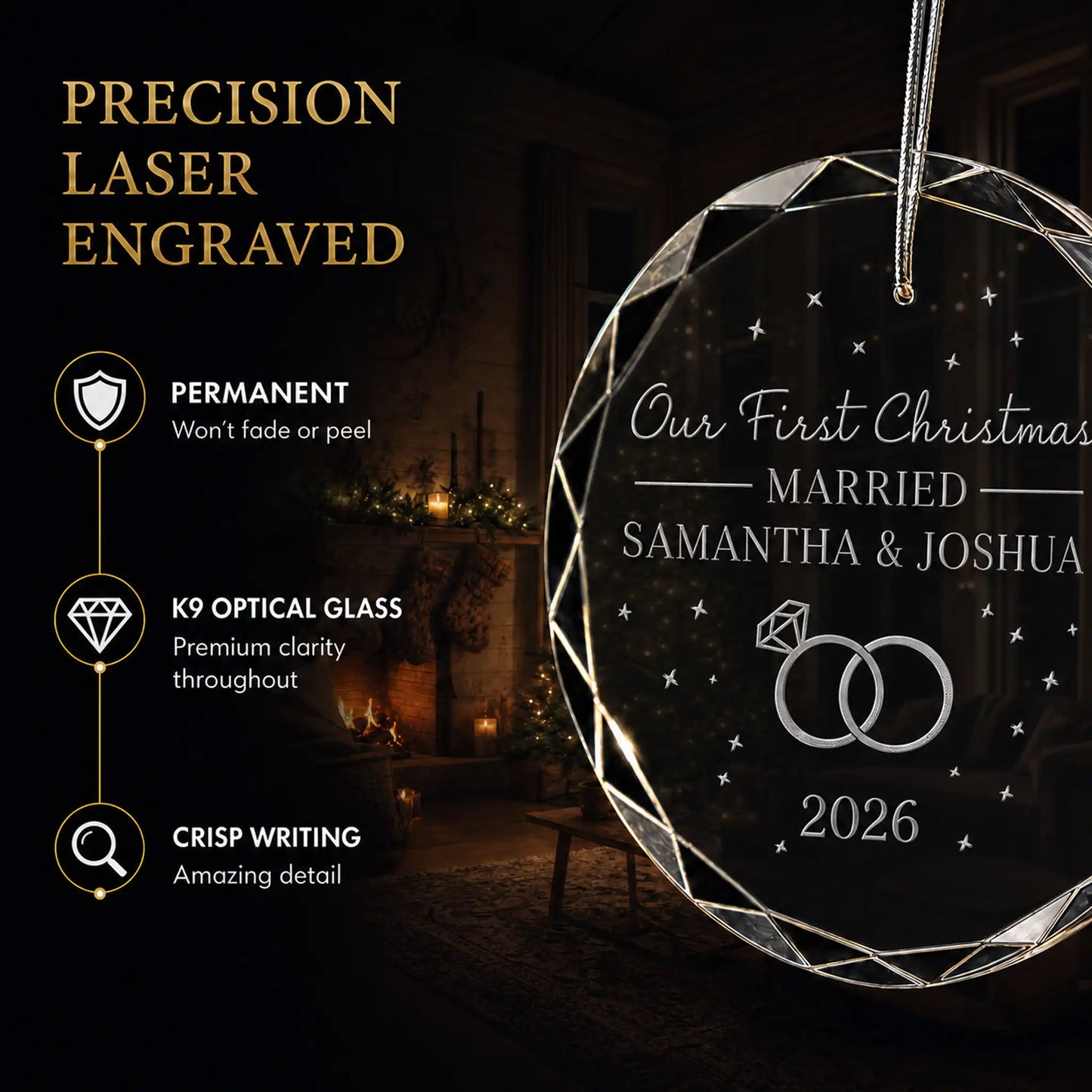 Close up of precision laser engraving on the custom first Christmas married glass ornament, permanent lettering that will not fade or peel