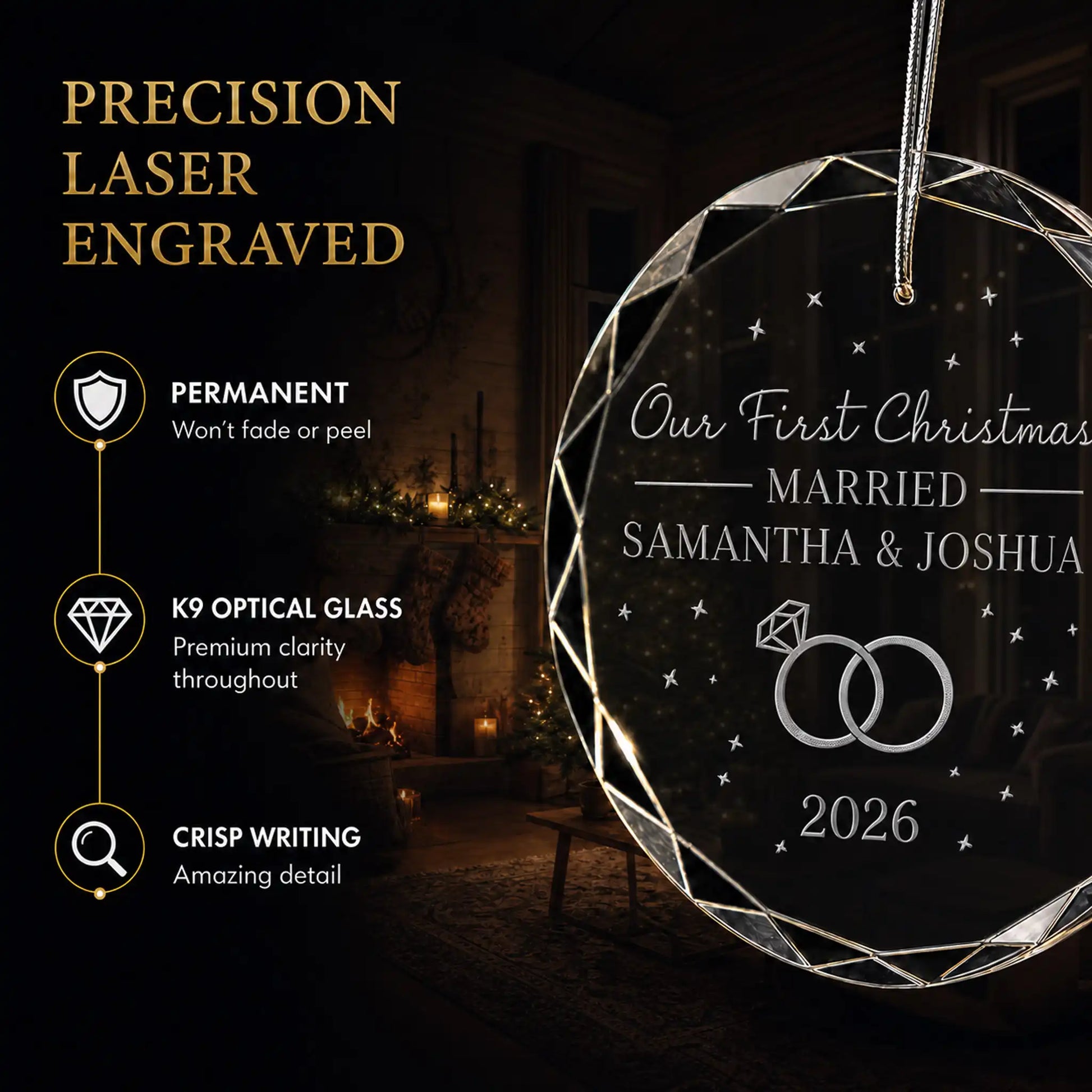 Close up of precision laser engraving on the custom first Christmas married glass ornament, permanent lettering that will not fade or peel
