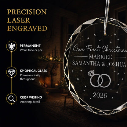 Close up of precision laser engraving on the custom first Christmas married glass ornament, permanent lettering that will not fade or peel