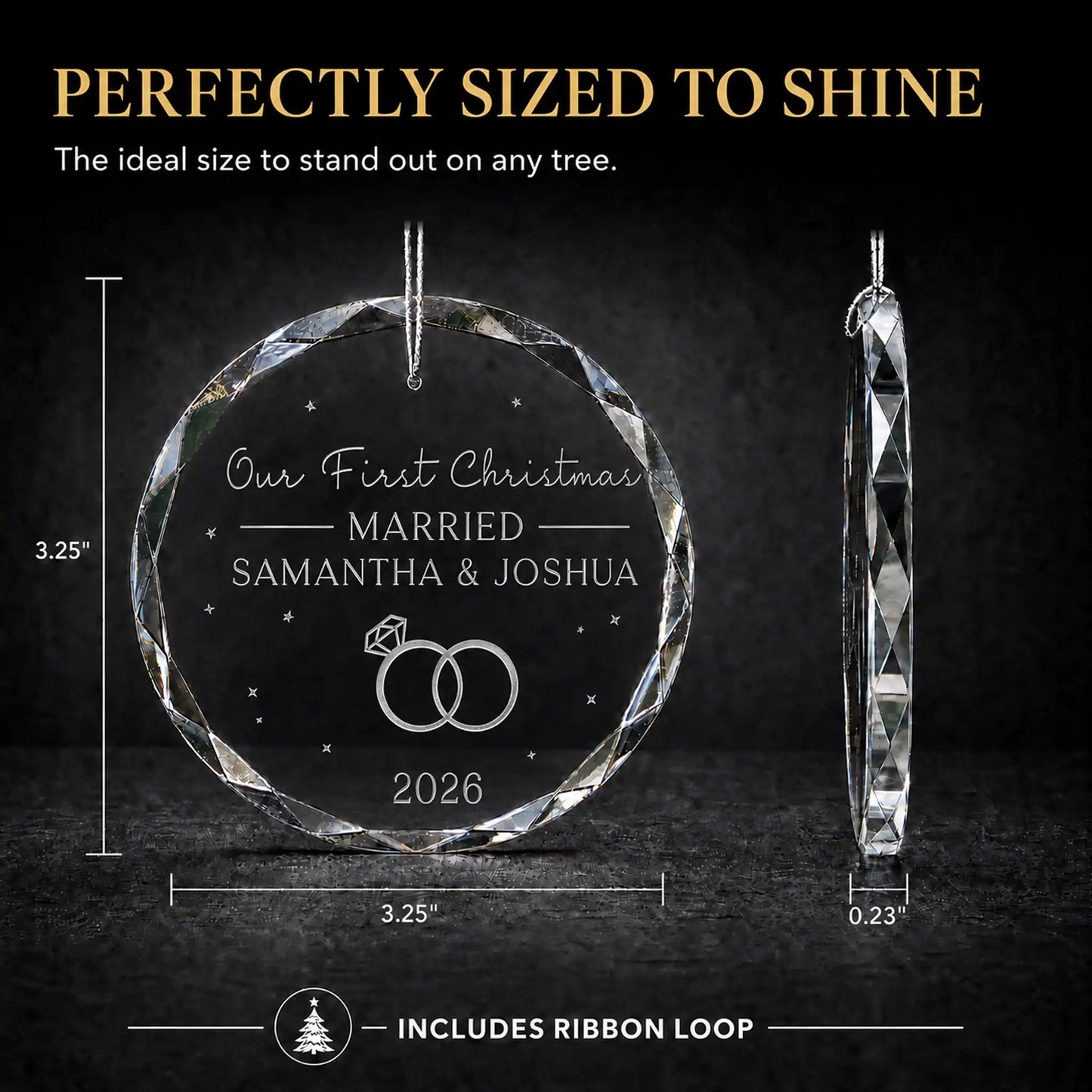 Size guide for the personalized first Christmas married glass ornament, 3.25 inches tall by 3.25 inches wide and 0.23 inches thick