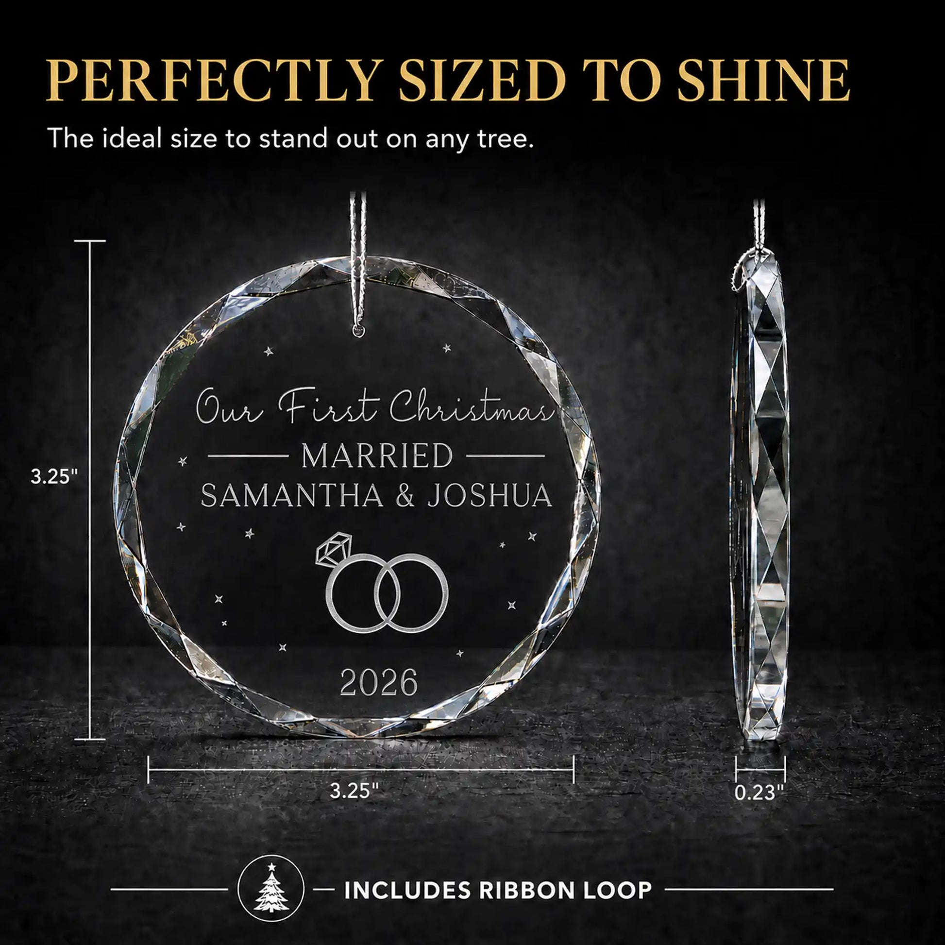 Size guide for the personalized first Christmas married glass ornament, 3.25 inches tall by 3.25 inches wide and 0.23 inches thick