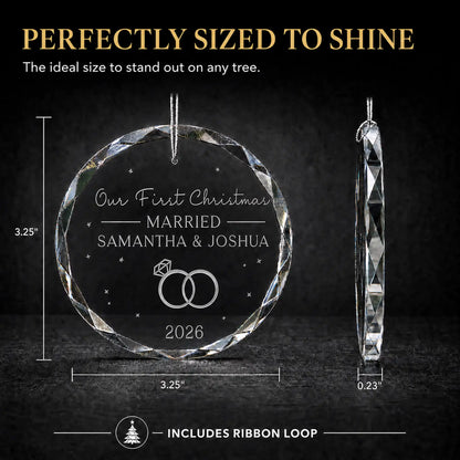 Size guide for the personalized first Christmas married glass ornament, 3.25 inches tall by 3.25 inches wide and 0.23 inches thick