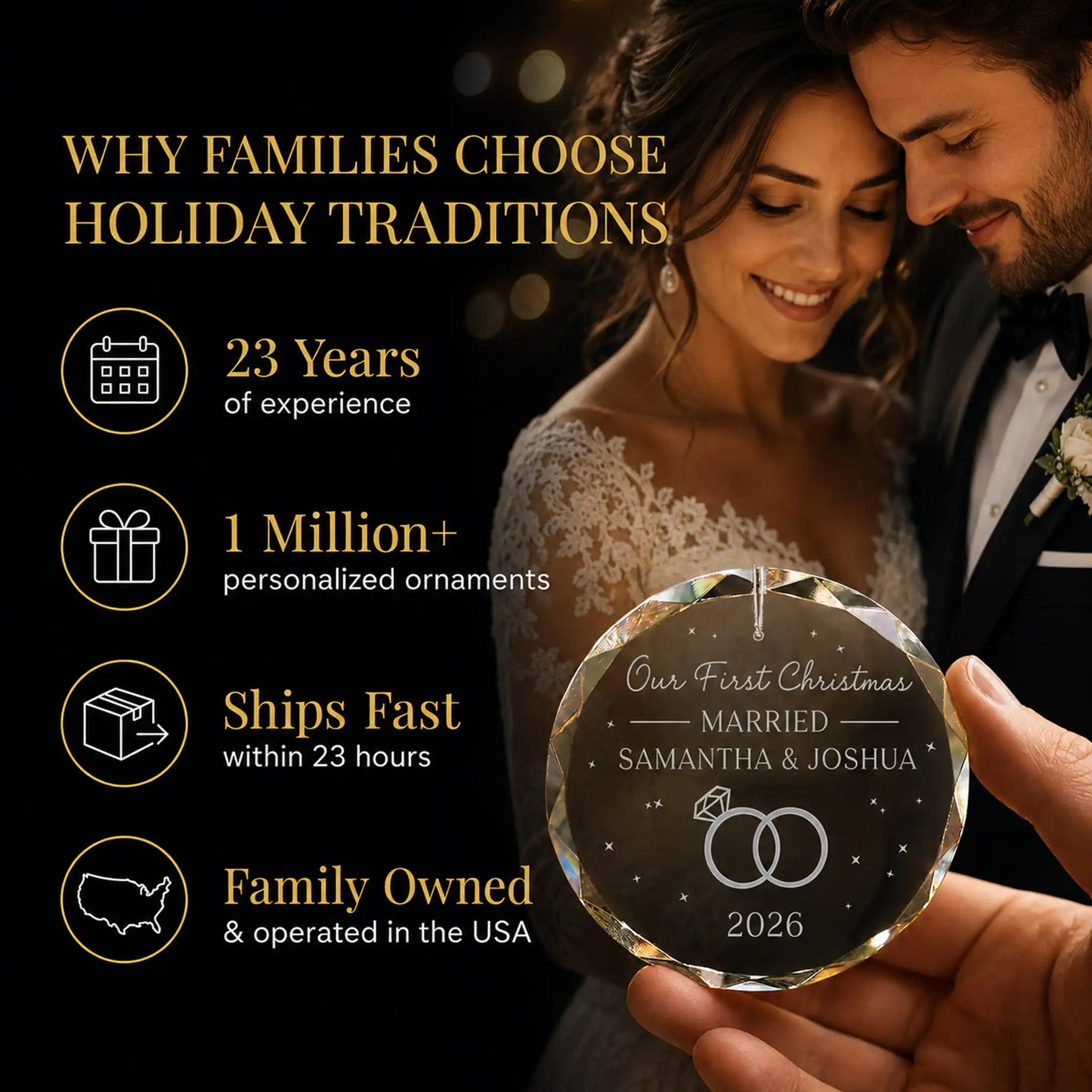 Bride and groom holding their personalized first Christmas married glass ornament, Holiday Traditions is family owned in the USA and ships within 23 hours