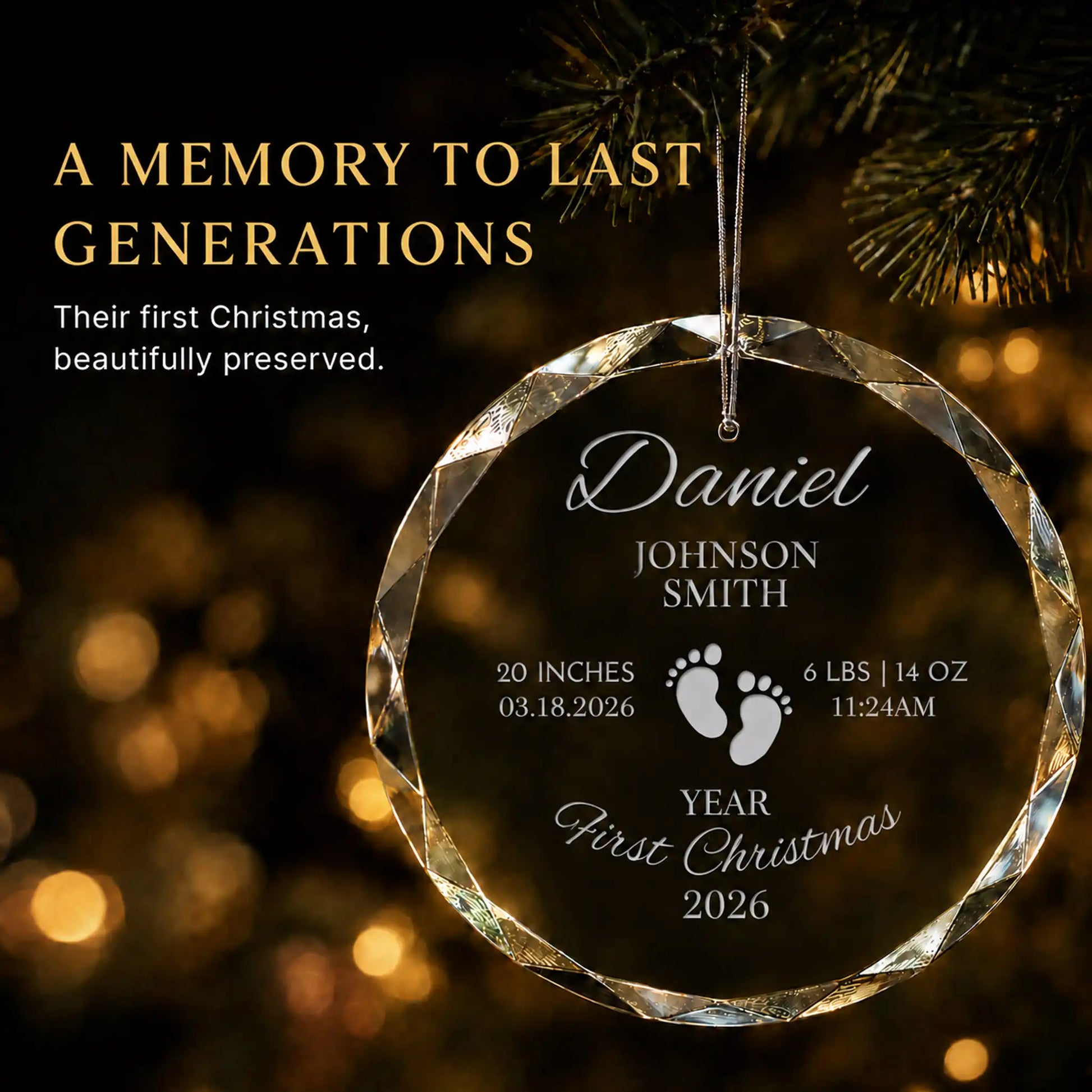 Personalized baby's first Christmas footprints ornament in K9 optical glass hanging on a lit tree, engraved with baby's name, birth stats and year