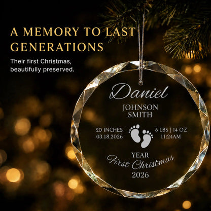 Personalized baby's first Christmas footprints ornament in K9 optical glass hanging on a lit tree, engraved with baby's name, birth stats and year