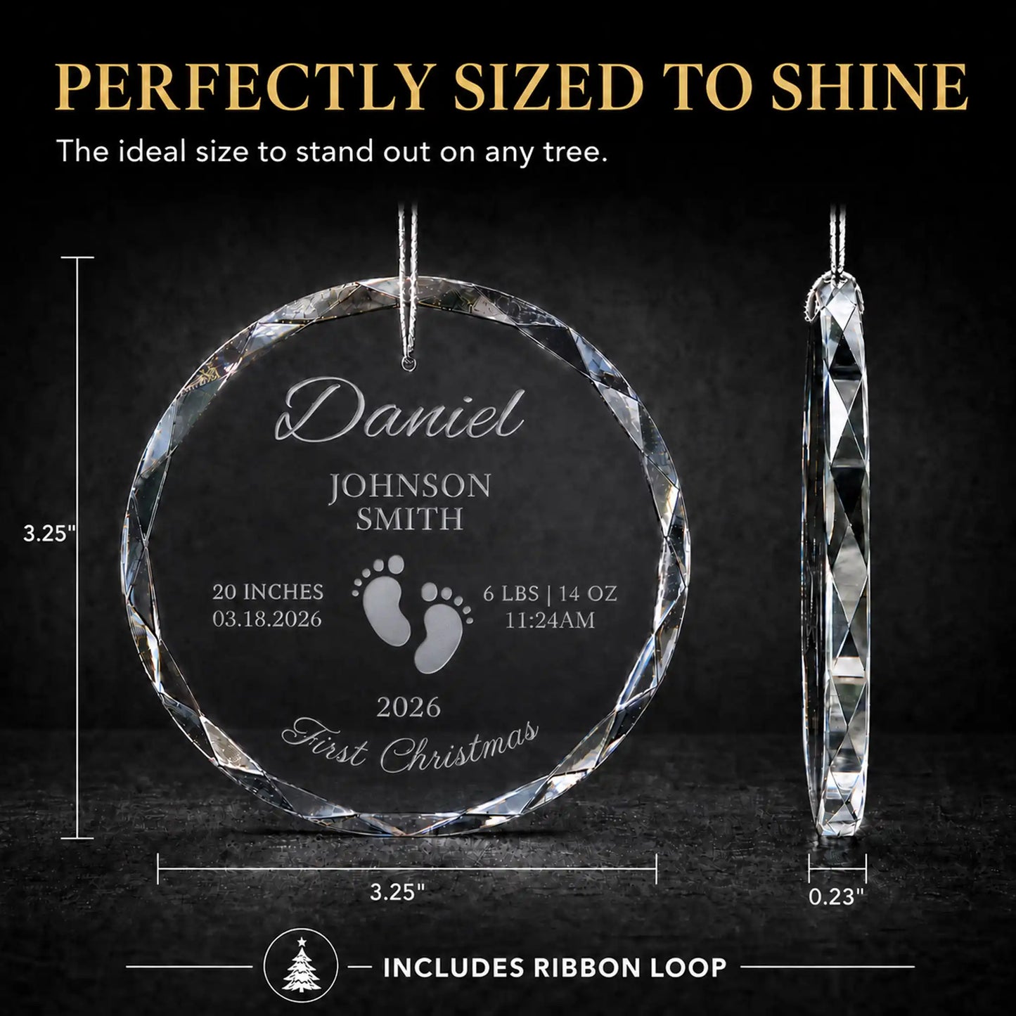 Size guide for the footprints personalized baby's first Christmas glass ornament, 3.25 inches tall by 3.25 inches wide and 0.23 inches thick