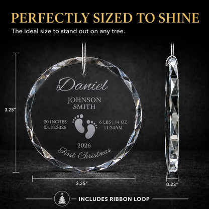Size guide for the footprints personalized baby's first Christmas glass ornament, 3.25 inches tall by 3.25 inches wide and 0.23 inches thick