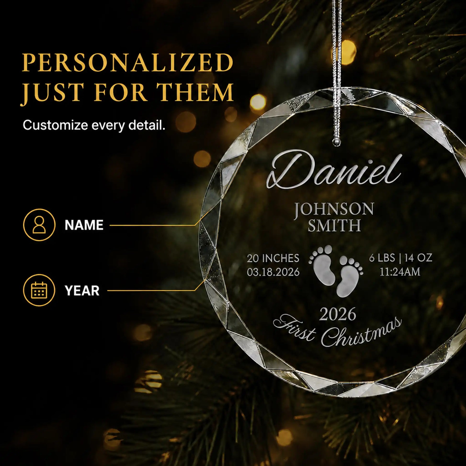 Personalization options on the footprints baby's first Christmas glass ornament, custom name, birth stats and year laser engraved