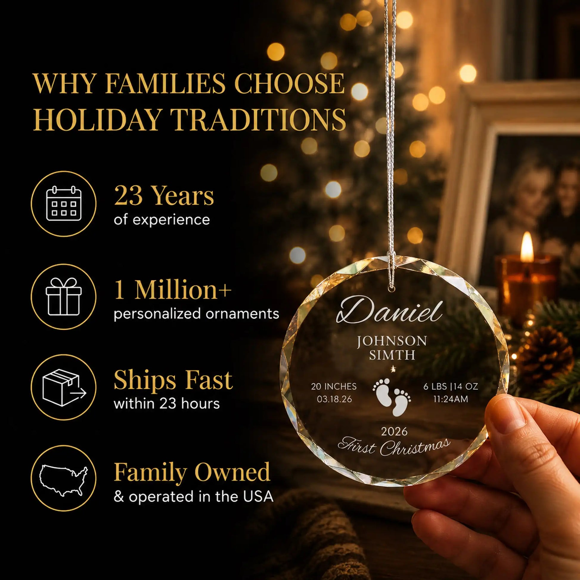 Hand holding the footprints personalized baby's first Christmas glass ornament by the tree, Holiday Traditions is family owned in the USA and ships within 23 hours