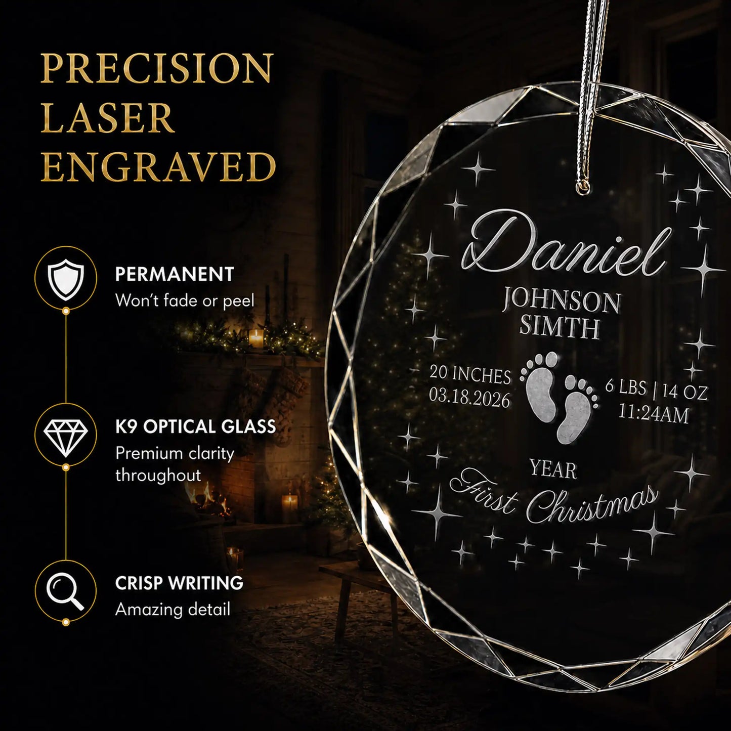 Close up of precision laser engraving on the footprints and stars custom baby's first Christmas glass ornament, permanent lettering that will not fade or peel