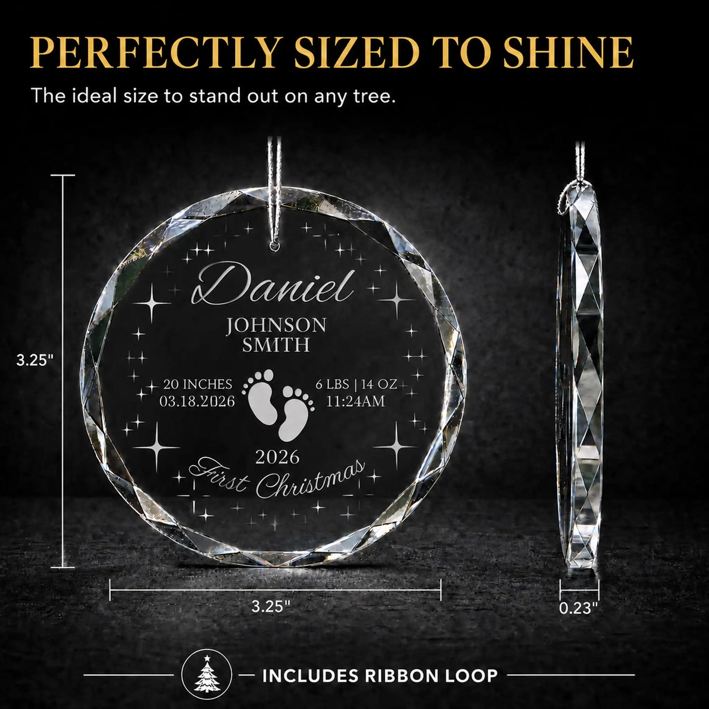 Size guide for the footprints and stars personalized baby's first Christmas glass ornament, 3.25 inches tall by 3.25 inches wide and 0.23 inches thick