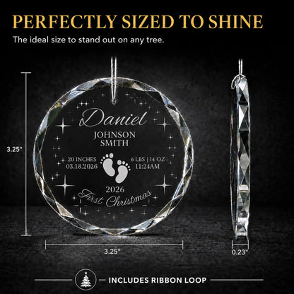 Size guide for the footprints and stars personalized baby's first Christmas glass ornament, 3.25 inches tall by 3.25 inches wide and 0.23 inches thick