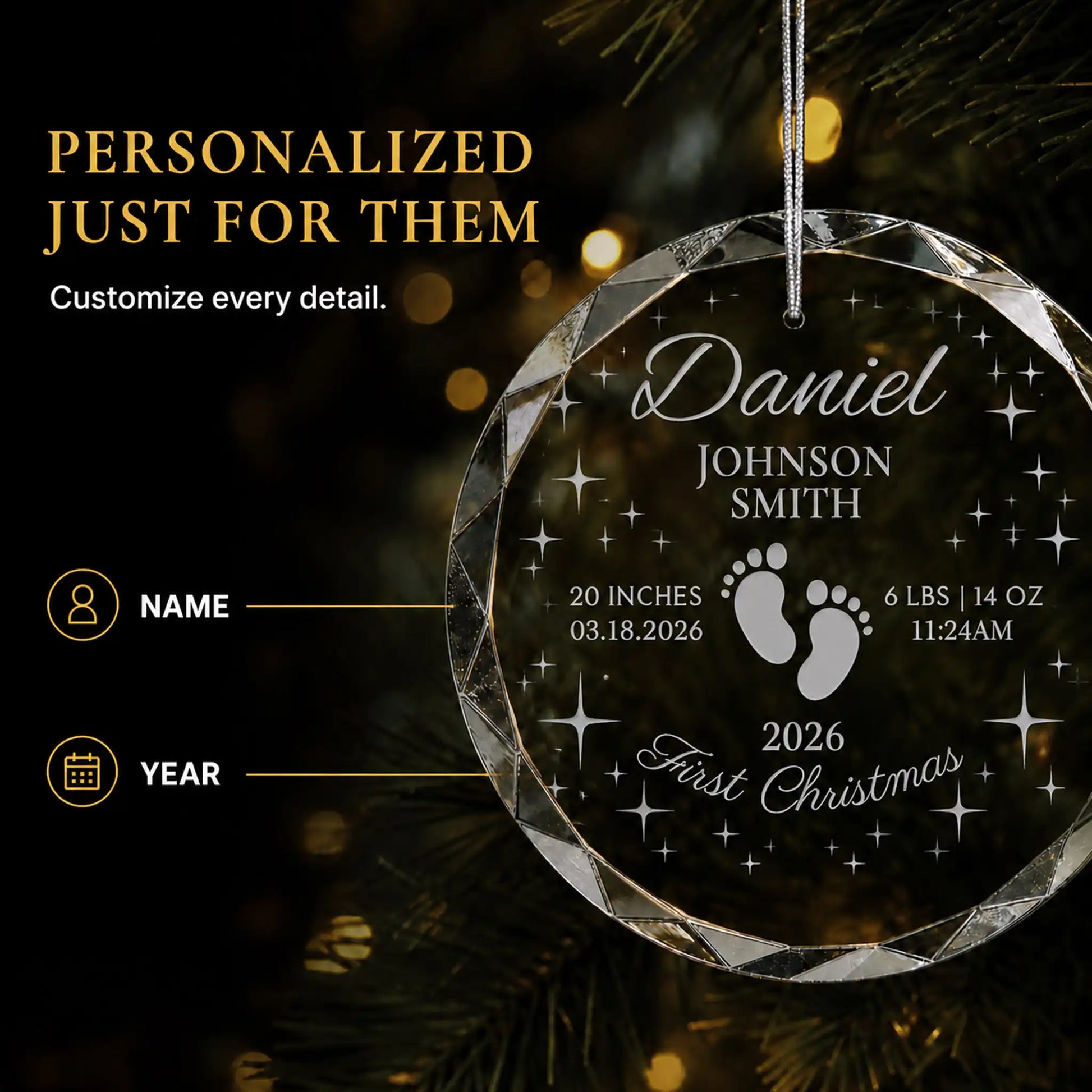 Personalization options on the footprints and stars baby's first Christmas glass ornament, custom name, birth stats and year laser engraved