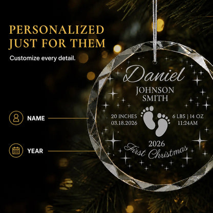Personalization options on the footprints and stars baby's first Christmas glass ornament, custom name, birth stats and year laser engraved