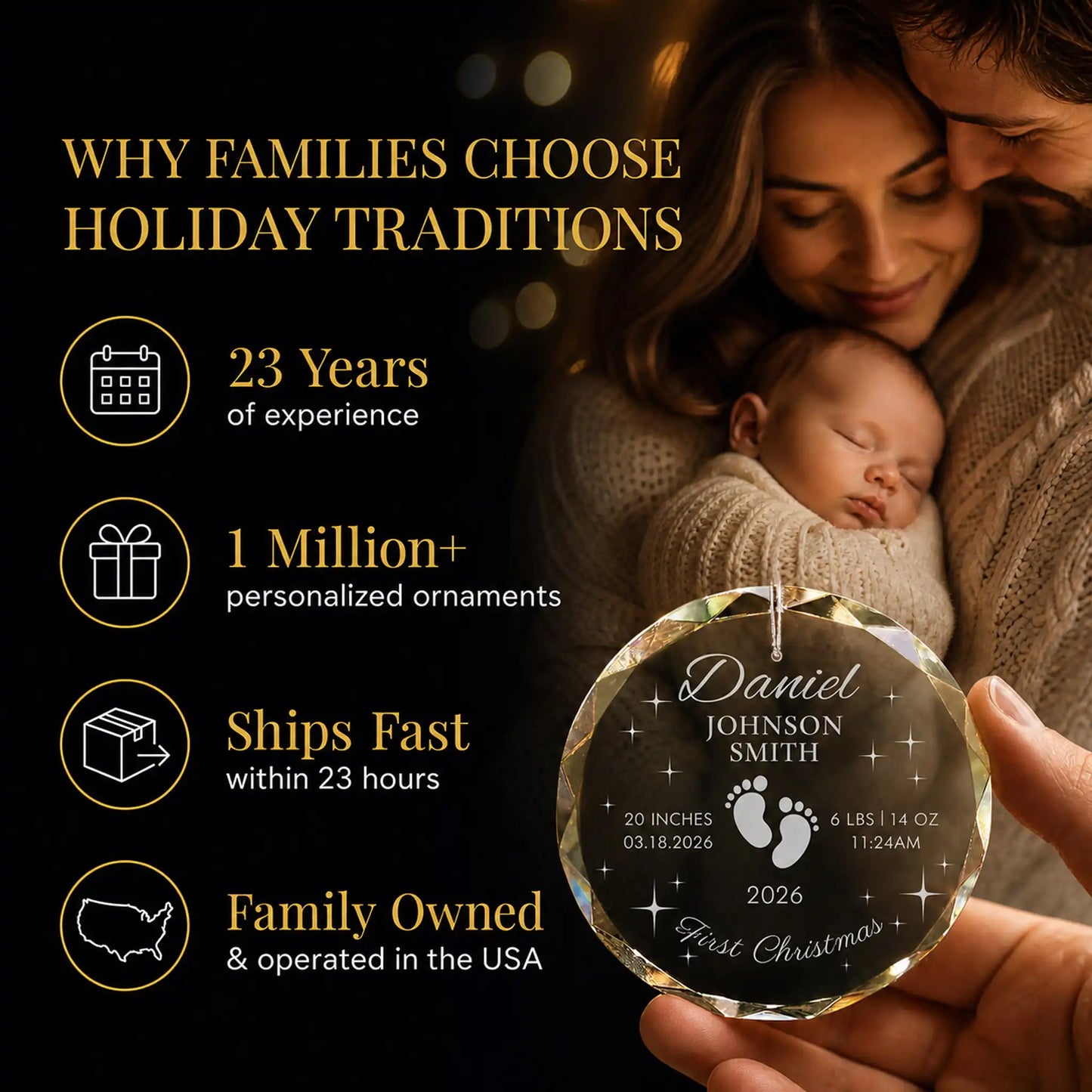 Parents holding their newborn and the footprints and stars personalized baby's first Christmas glass ornament, Holiday Traditions is family owned in the USA and ships within 23 hours