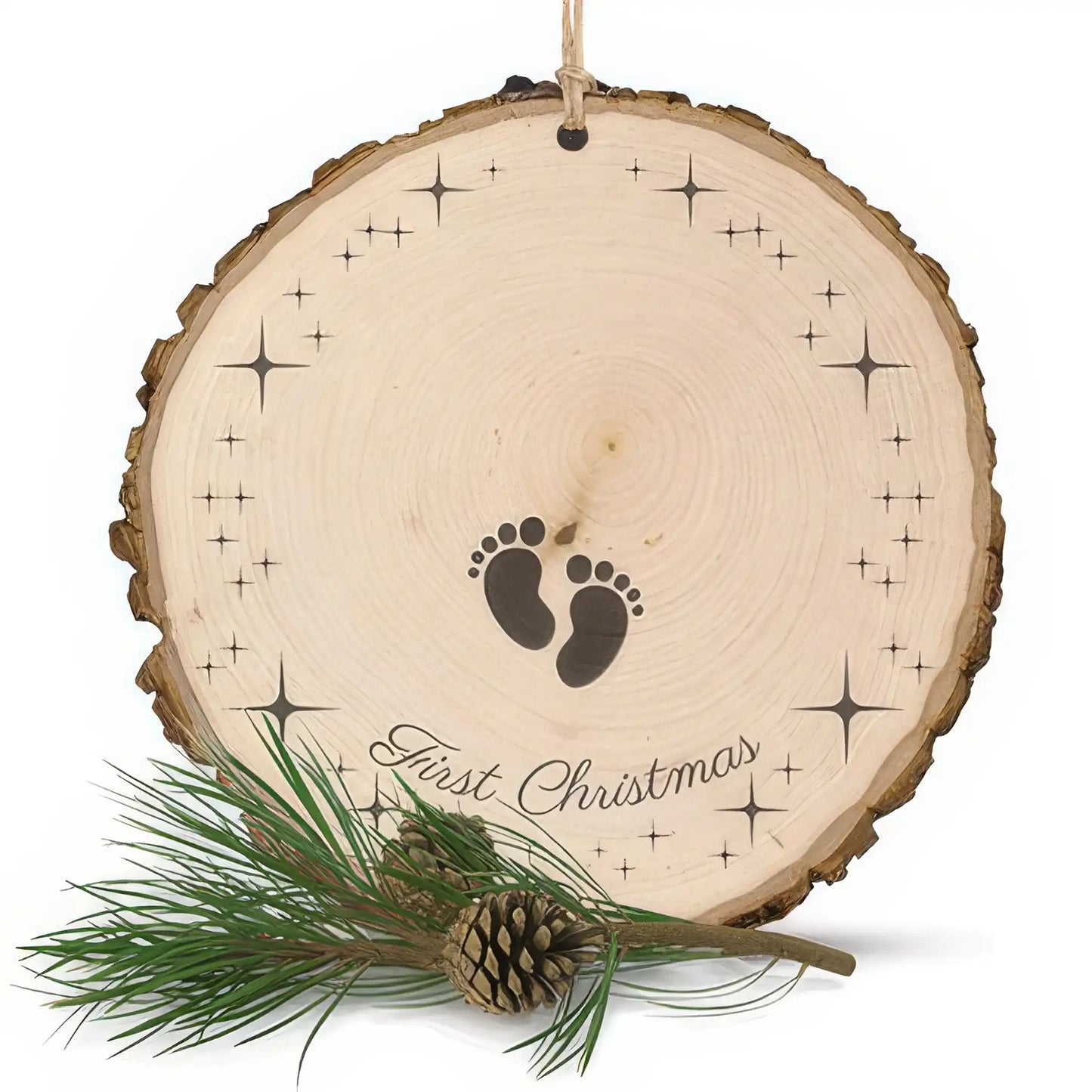 Baby's First Christmas Ornament w/Stars - Wood