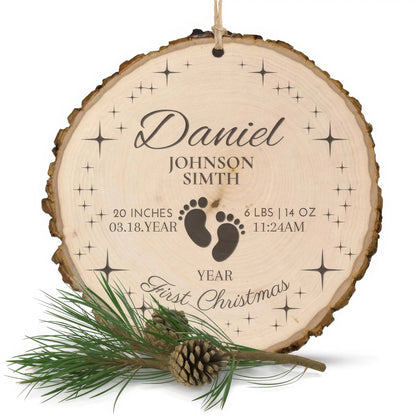 Baby's First Christmas Ornament w/Stars - Wood